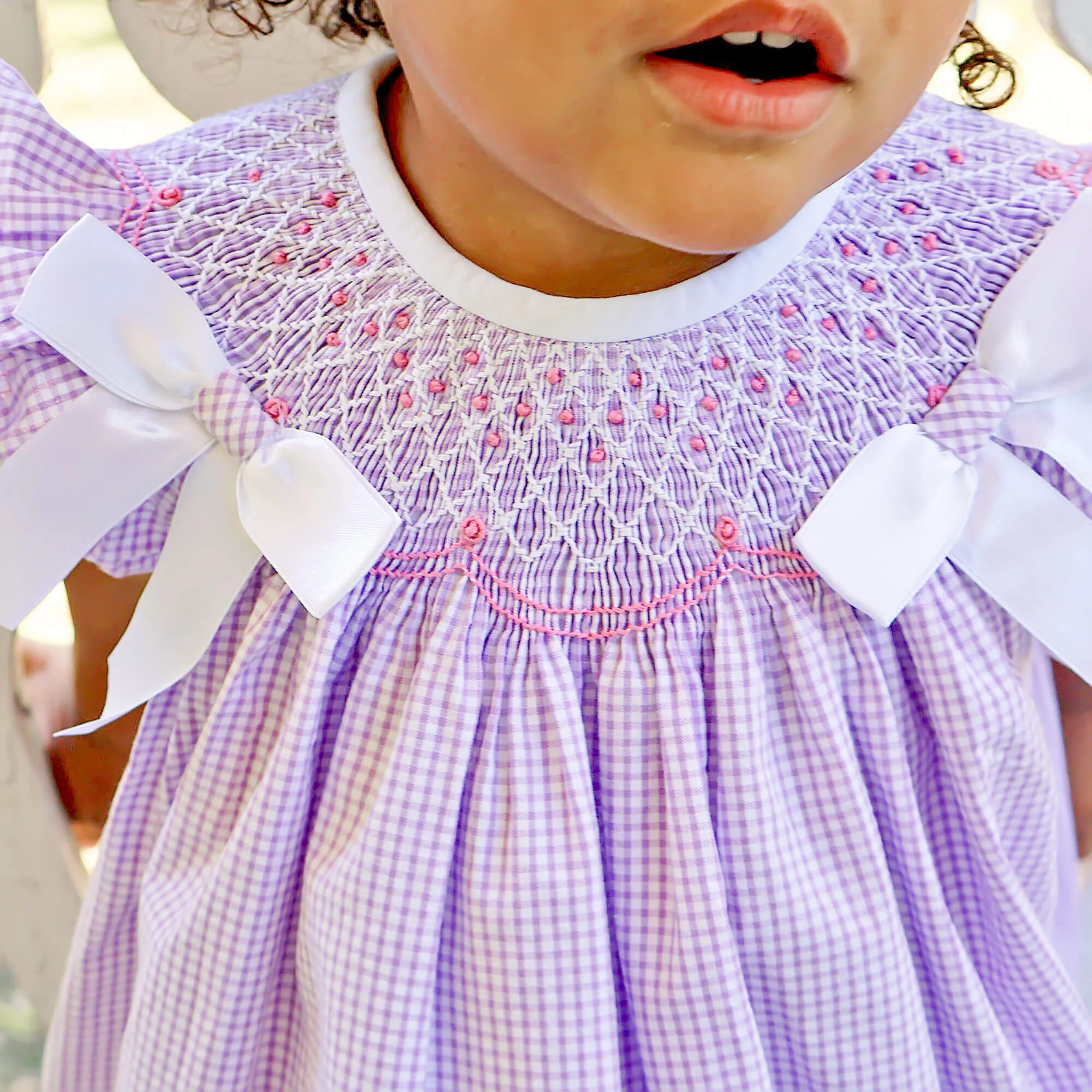 French Lavender Gingham Smocked Bow Bloomer Set - Image 3