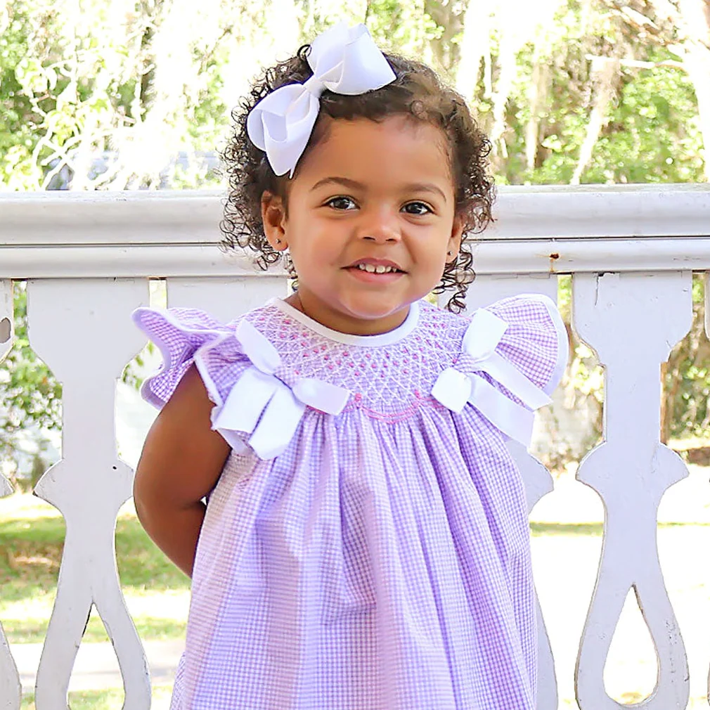 French Lavender Gingham Smocked Bow Bubble - Image 4