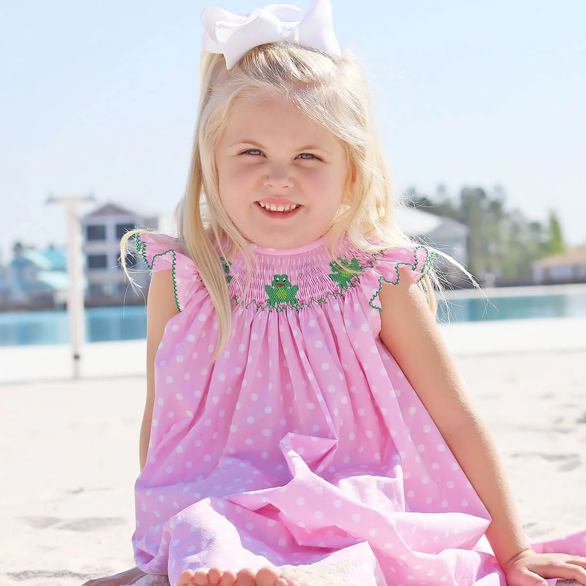 Frog Smocked Pink Dotted Dress - Image 4