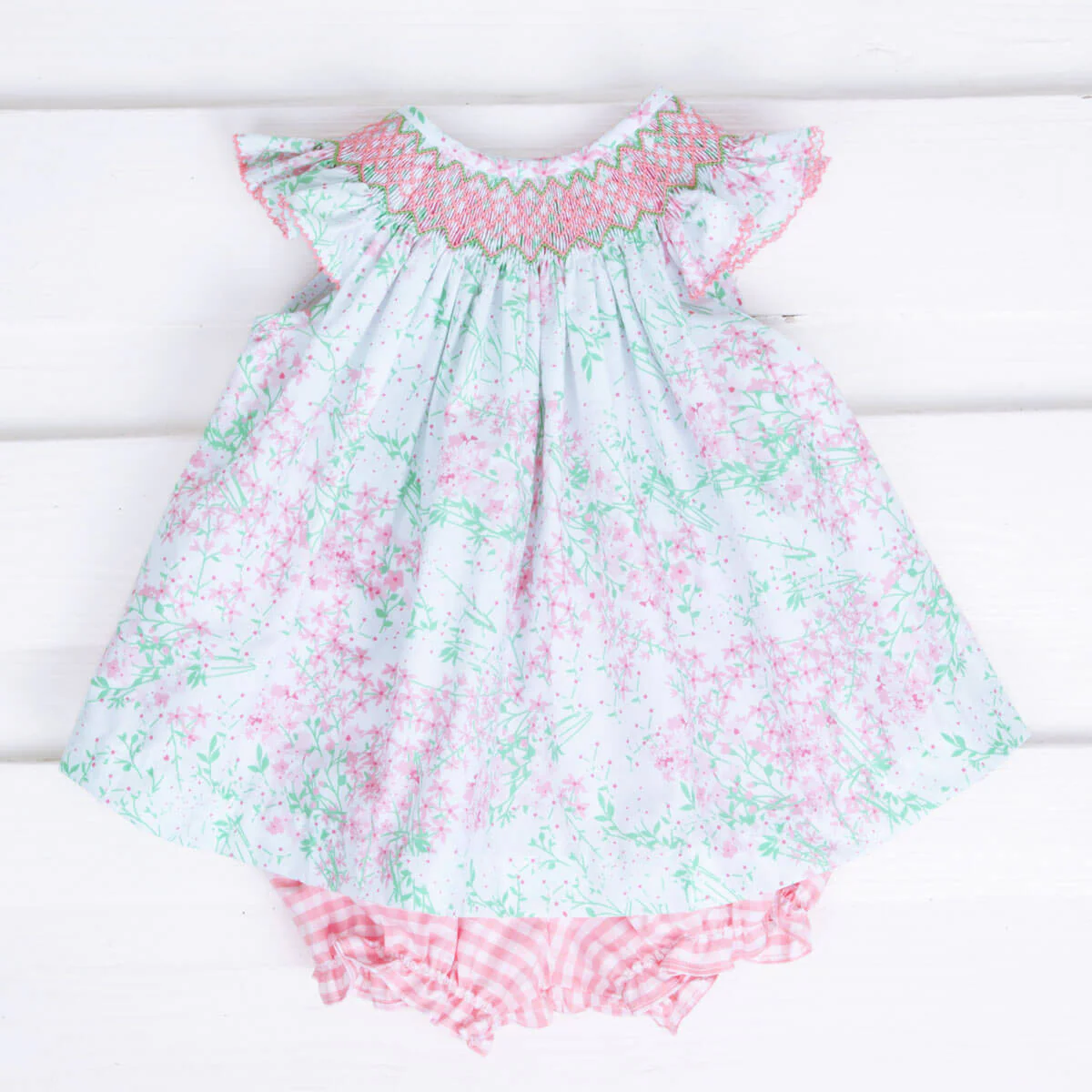 Geo Smocked Pink Meadow Floral Bloomer Set