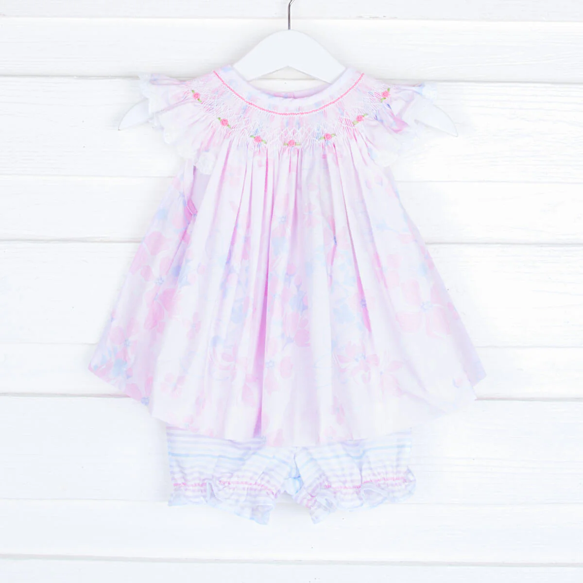 Geometric Smocked Pink Floral Bloomer Set