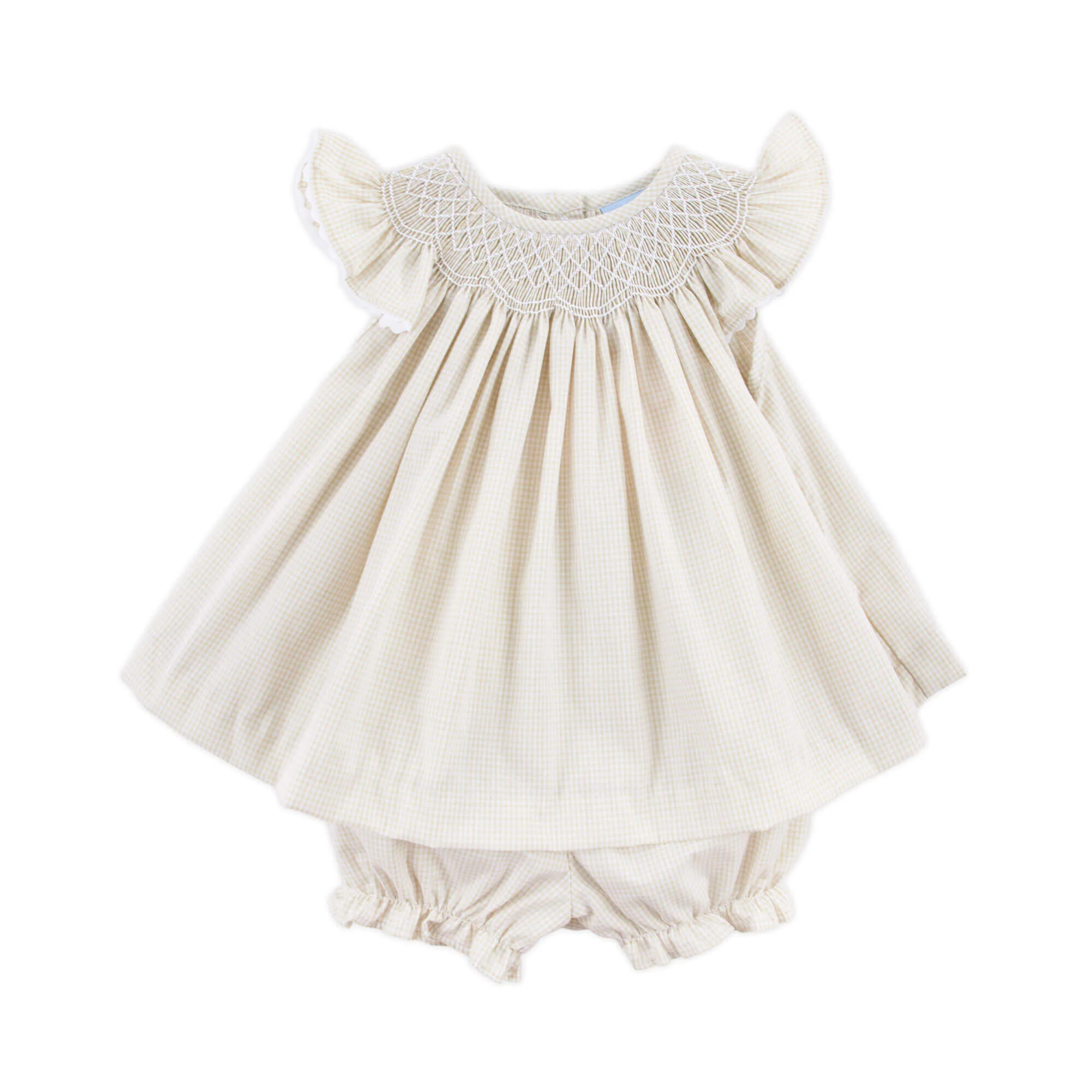 Geo Smocked Tan Gingham Angel Sleeve Bloomer Set - Image 2