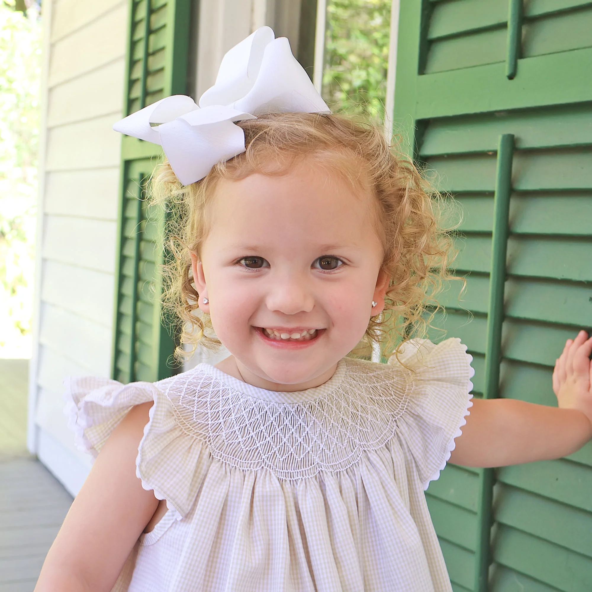 Geo Smocked Tan Gingham Angel Sleeve Bloomer Set - Image 3