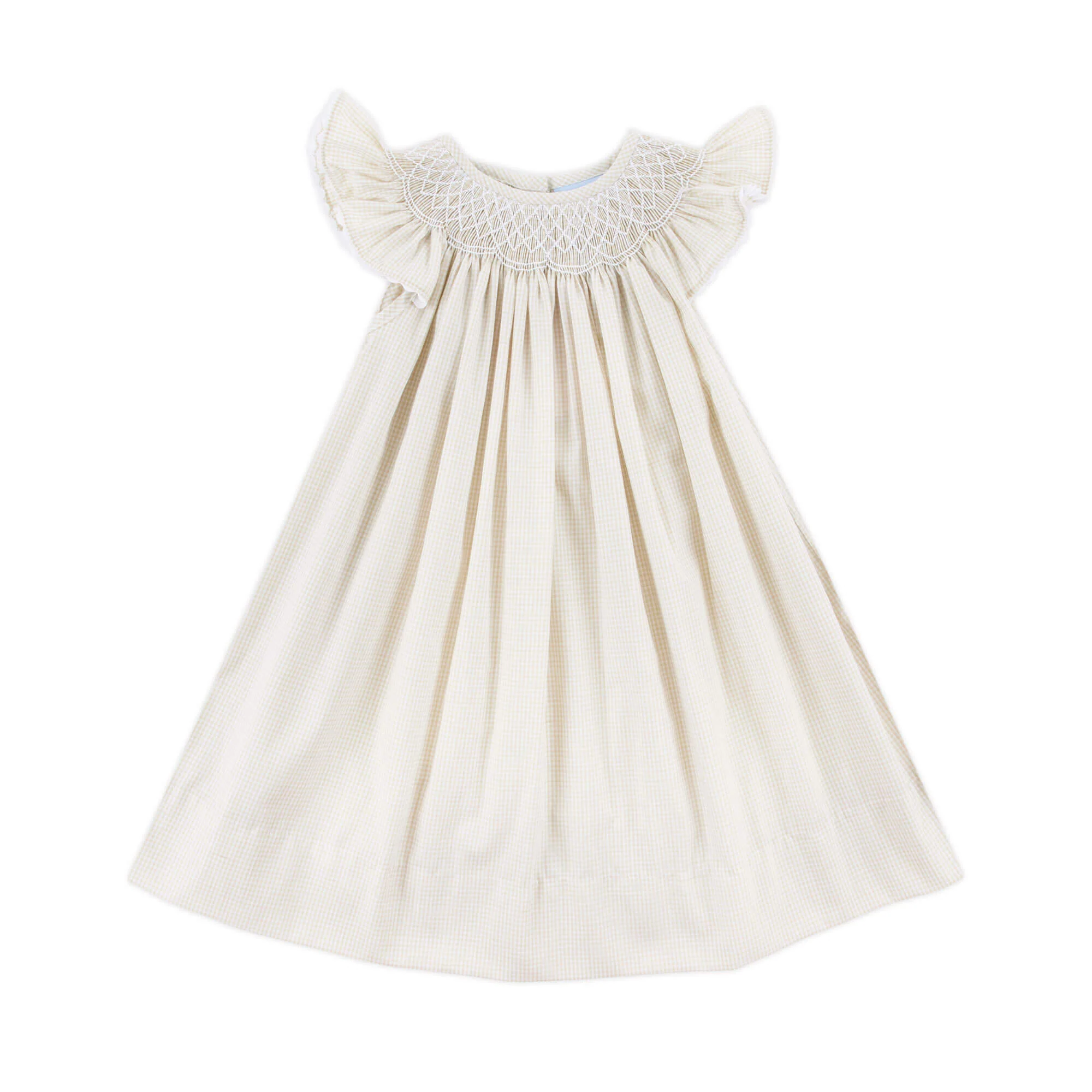 Geo Smocked Tan Gingham Angel Sleeve Dress - Image 2