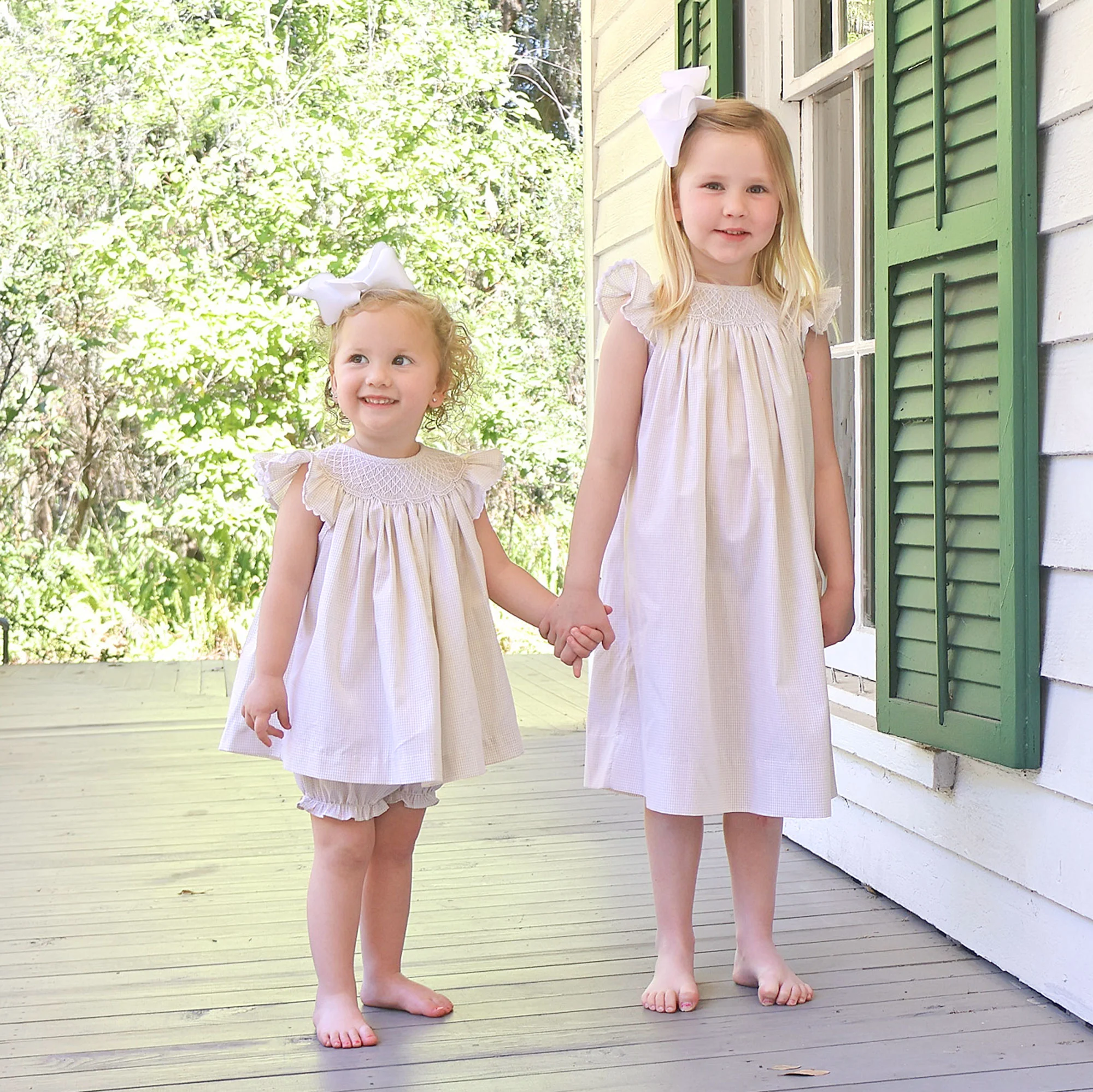 Geo Smocked Tan Gingham Angel Sleeve Dress - Image 3