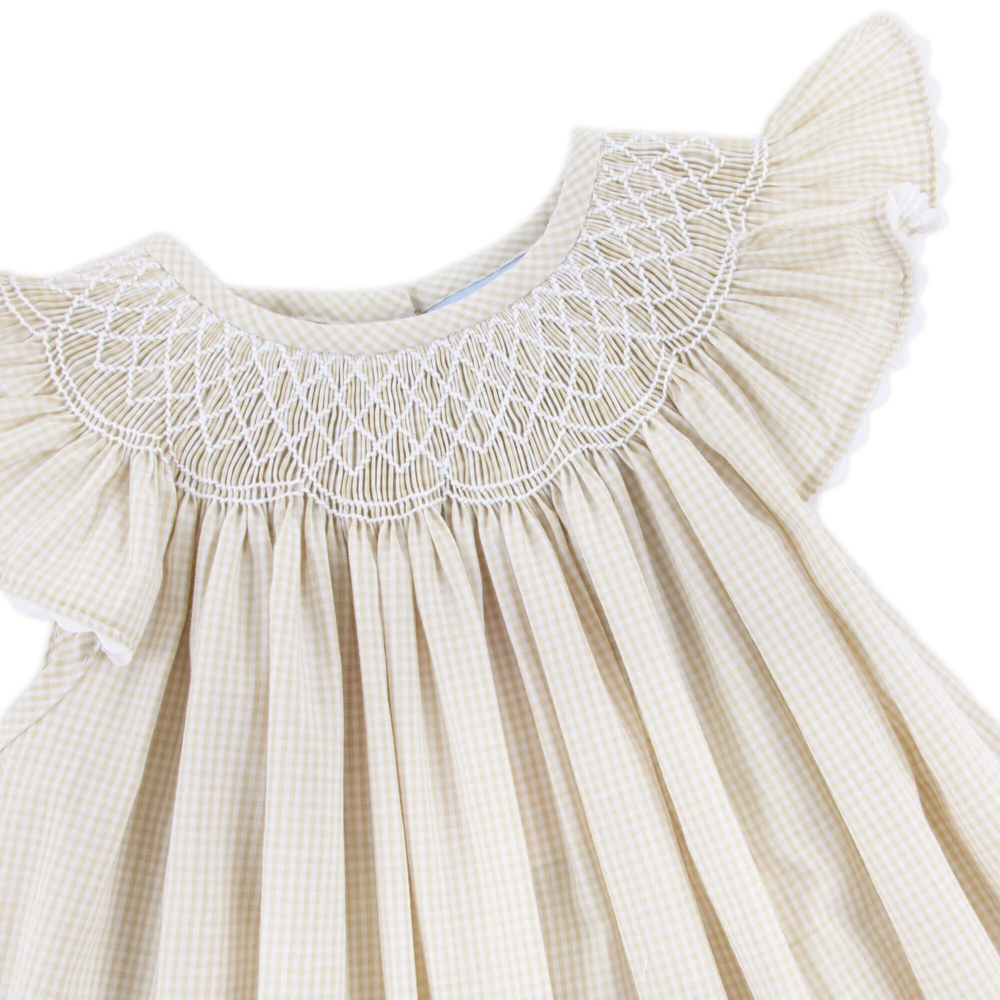 Geo Smocked Tan Gingham Angel Sleeve Dress - Image 4