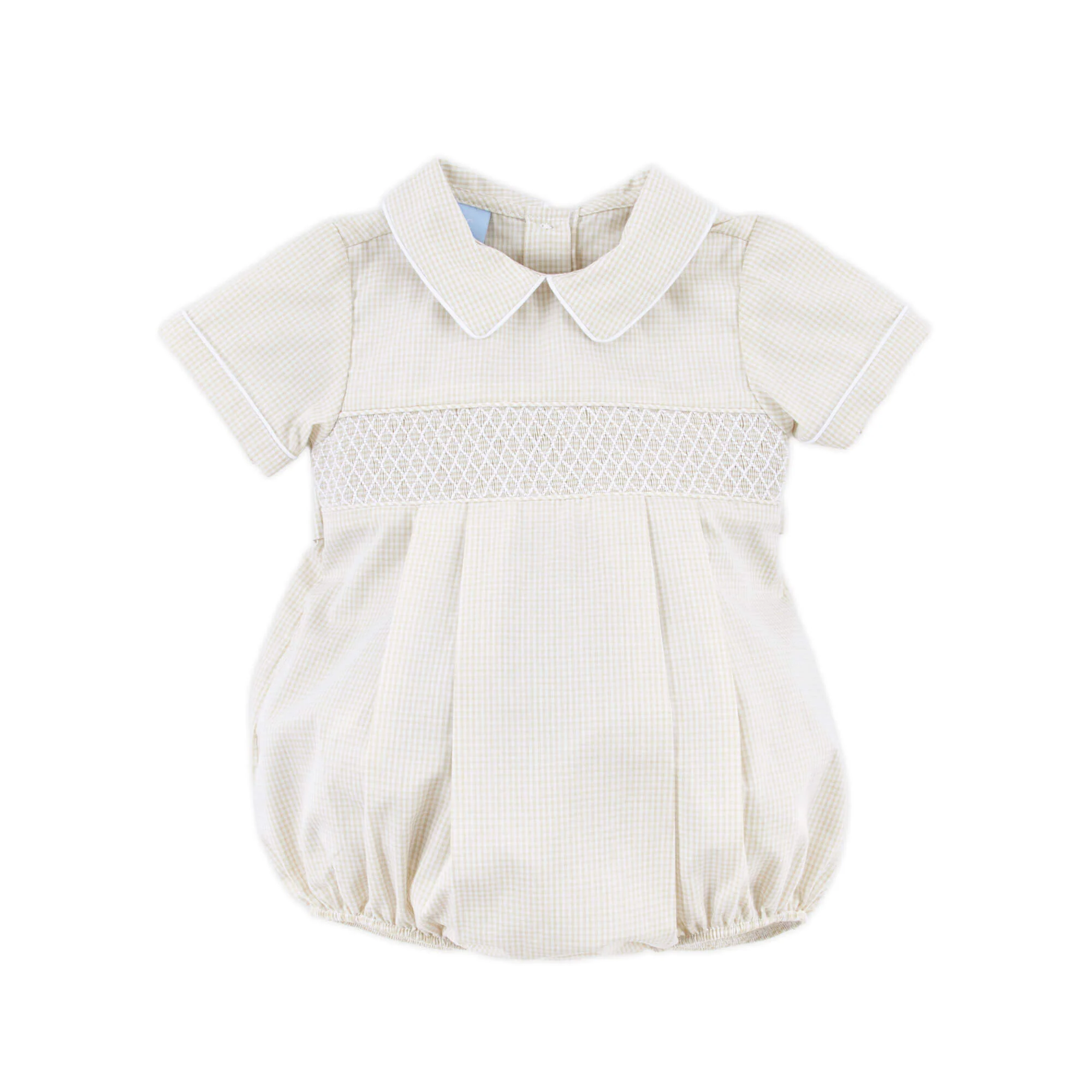 Geo Smocked Tan Gingham Collared Bubble - Image 2