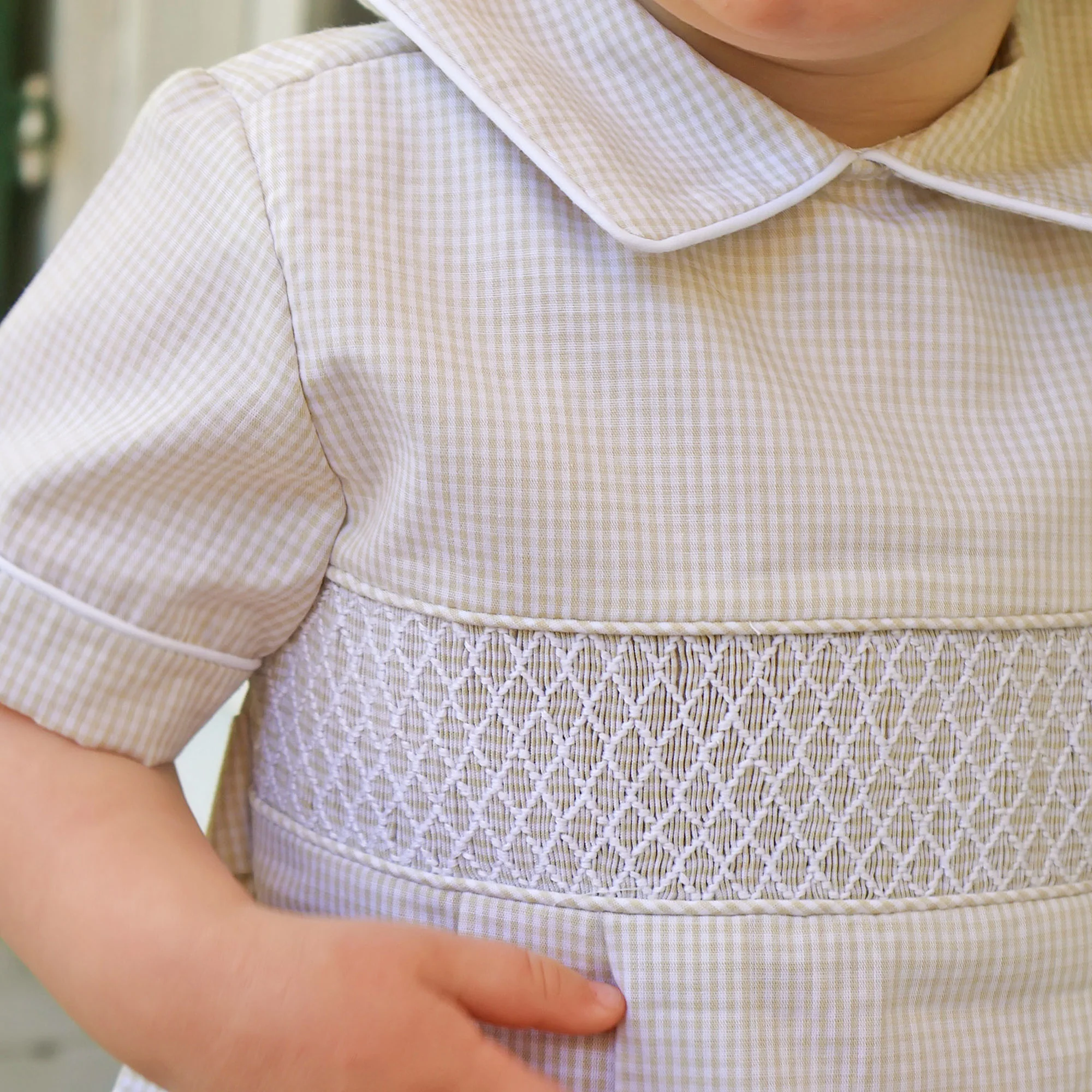 Geo Smocked Tan Gingham Collared Bubble - Image 3
