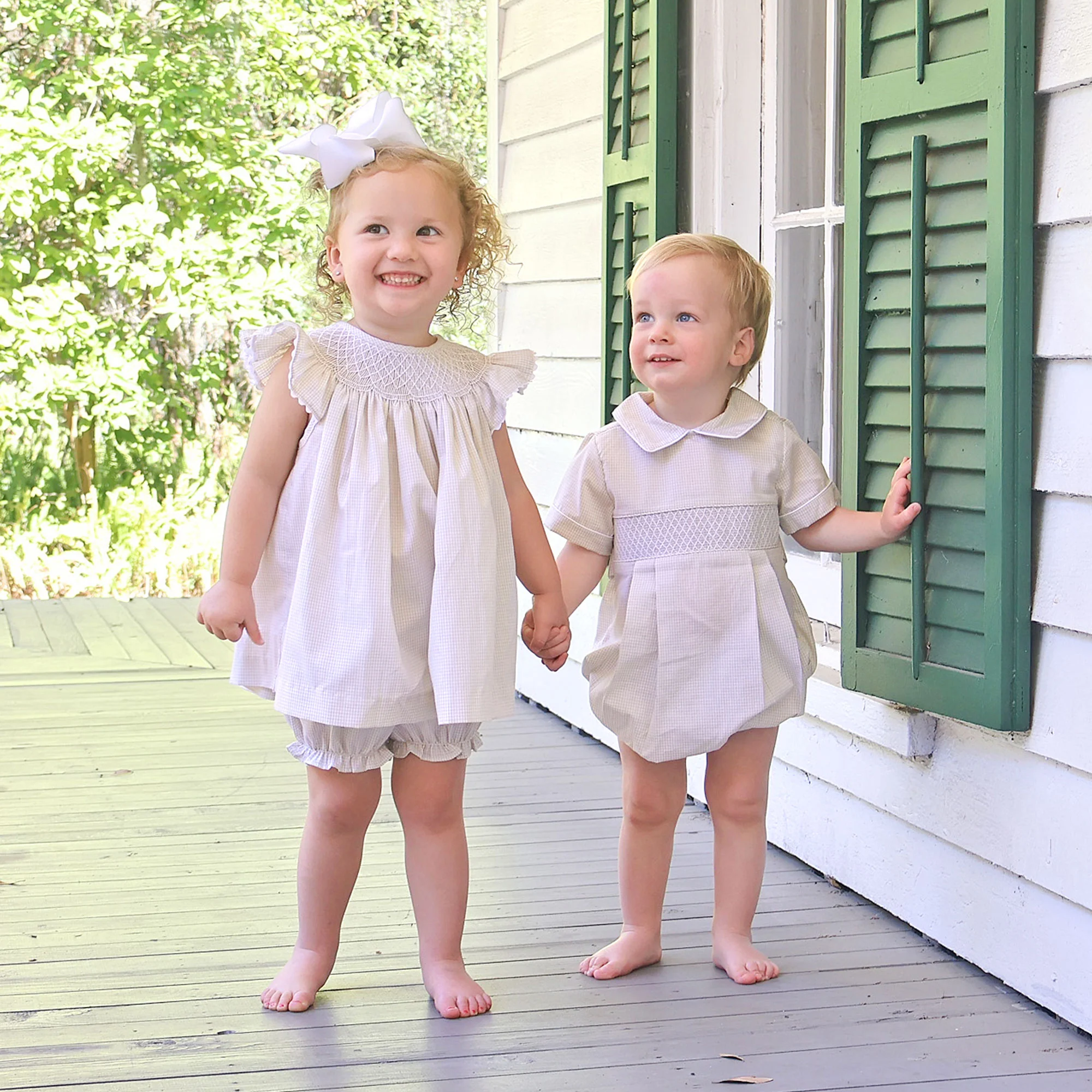 Geo Smocked Tan Gingham Collared Bubble - Image 4