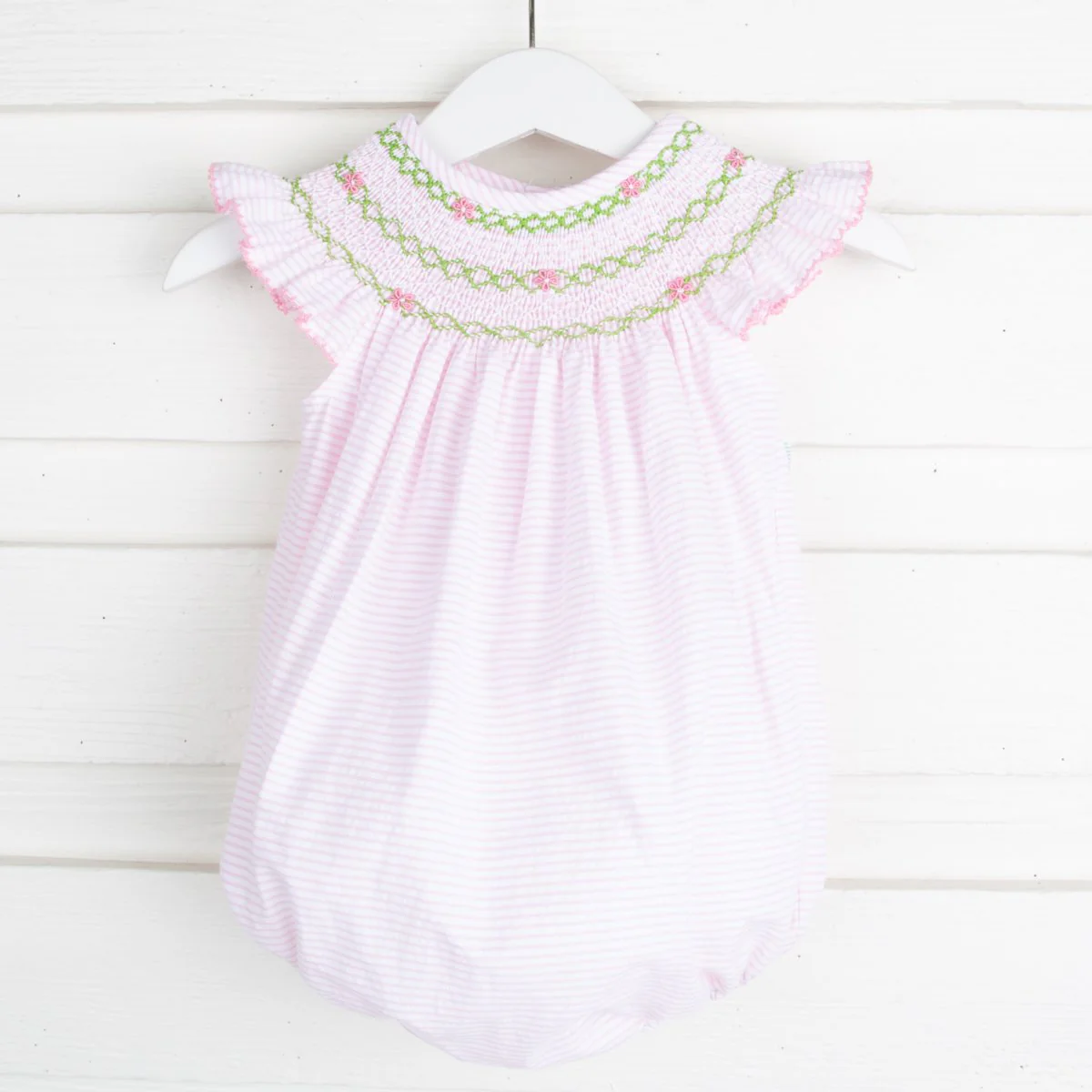 Geometric Floral Smocked Bubble Pink Stripe Seersucker