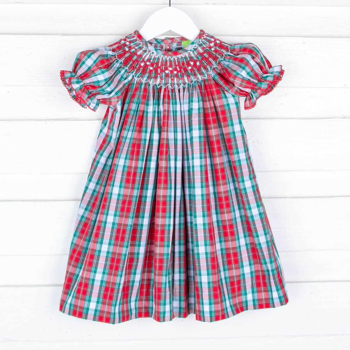 Geometric Smocked Bishop Dress Red & Green Plaid - Image 2