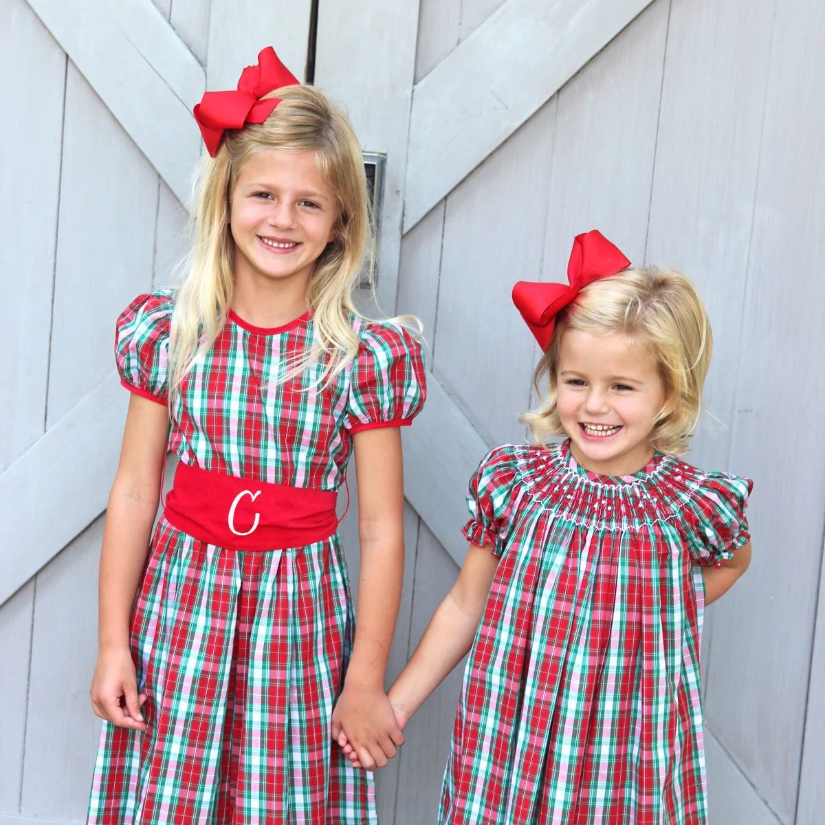 Geometric Smocked Bishop Dress Red & Green Plaid - Image 3