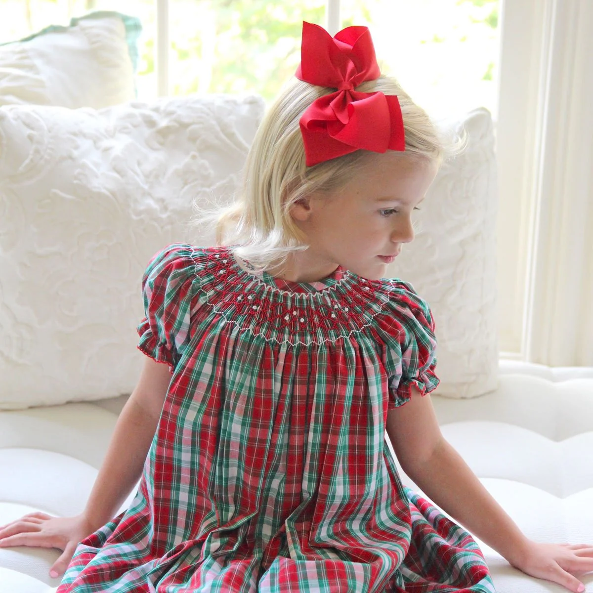 Geometric Smocked Bishop Dress Red & Green Plaid - Image 4
