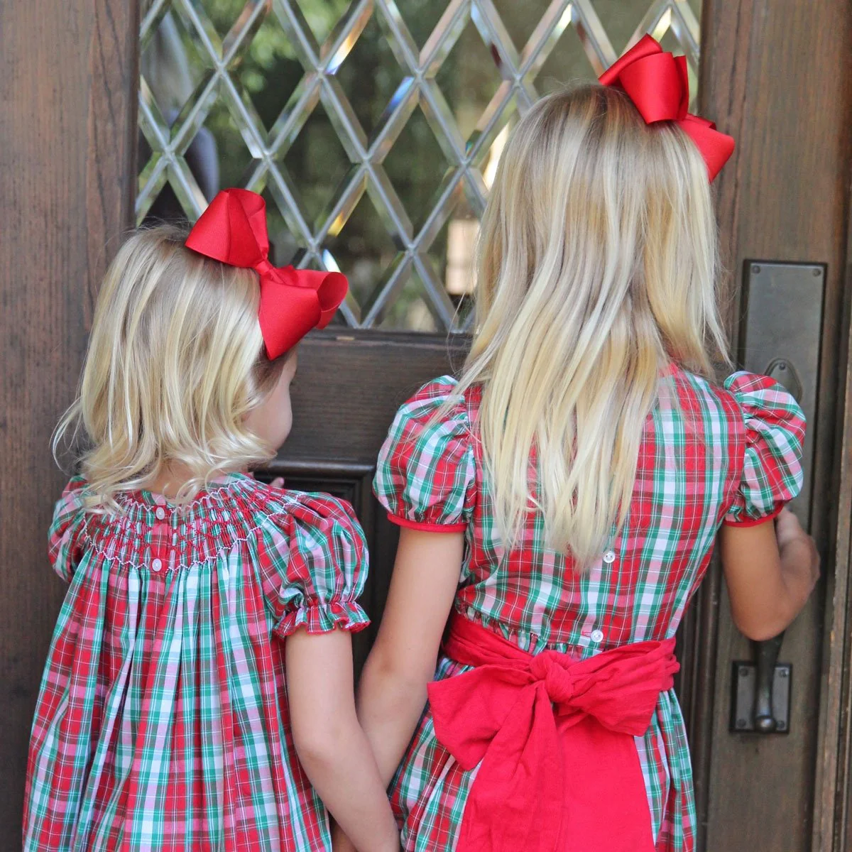 Geometric Smocked Bishop Dress Red & Green Plaid - Image 5