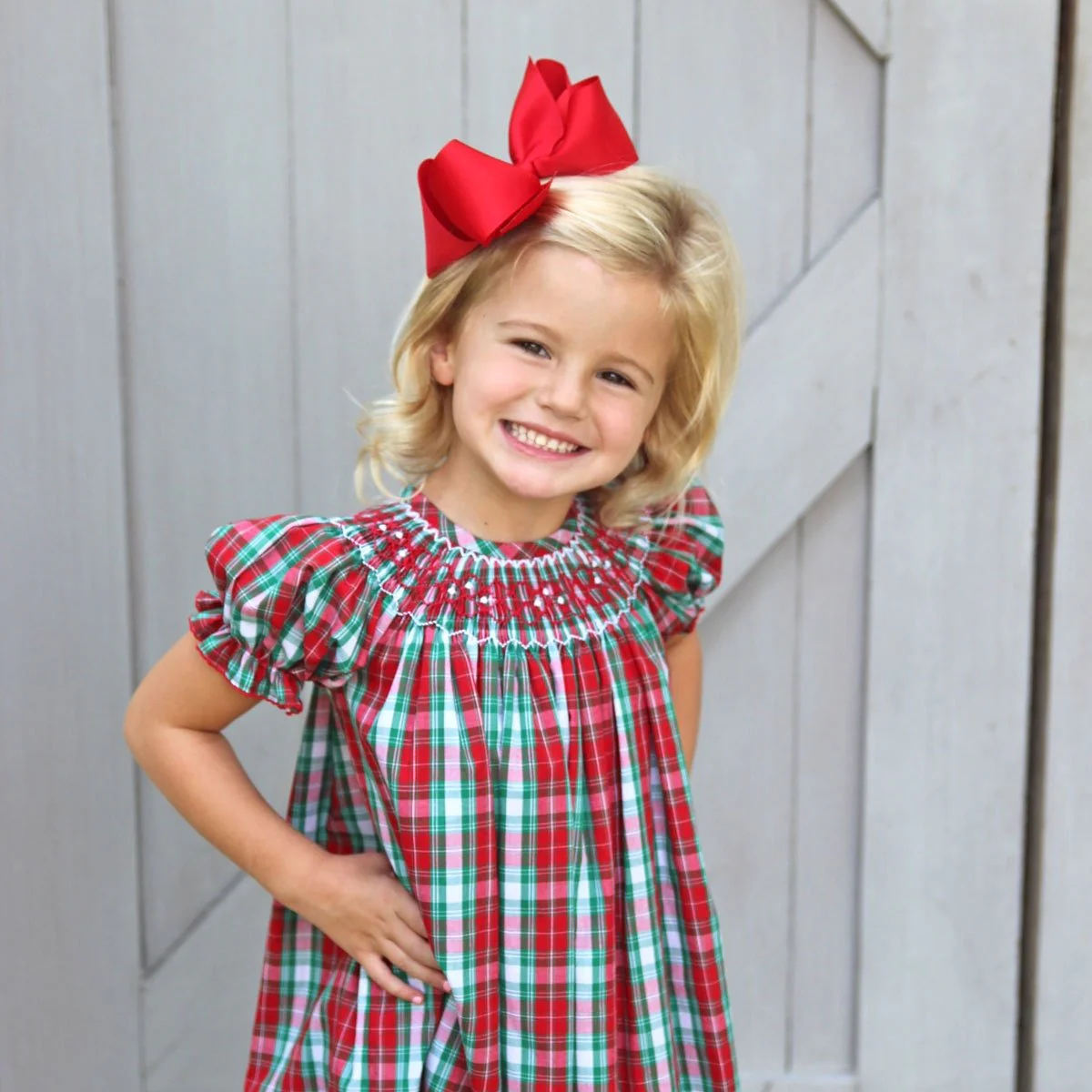 Geometric Smocked Bishop Dress Red & Green Plaid - Image 6