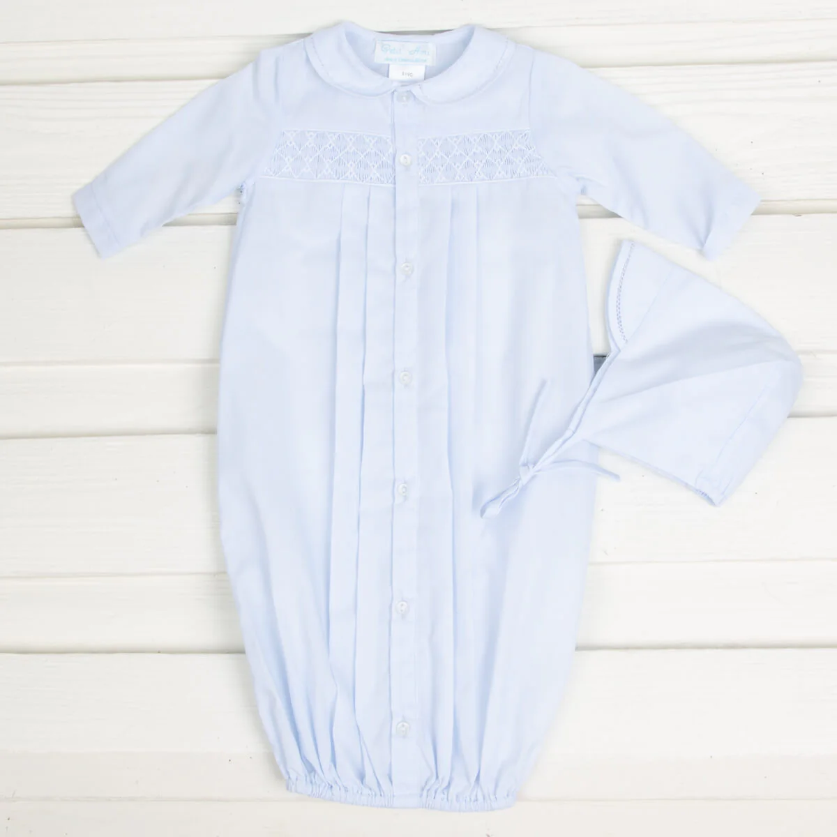 Geometric Smocked Long Sleeve Gown and Bonnet Set - Image 2