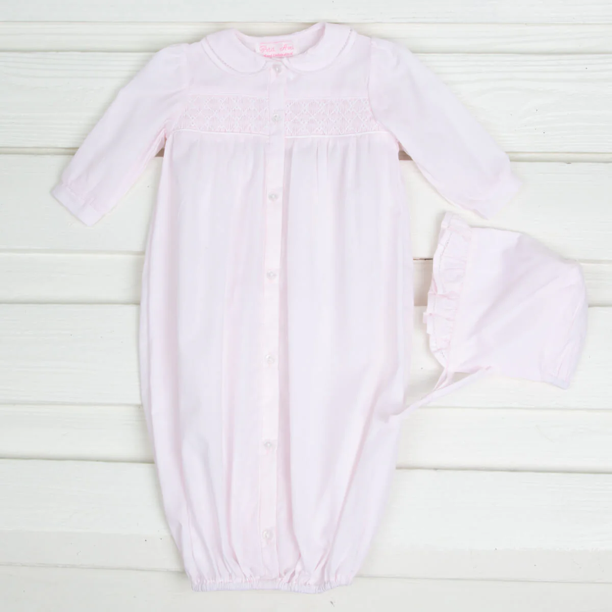Geometric Smocked Long Sleeve Gown and Bonnet Set - Image 3