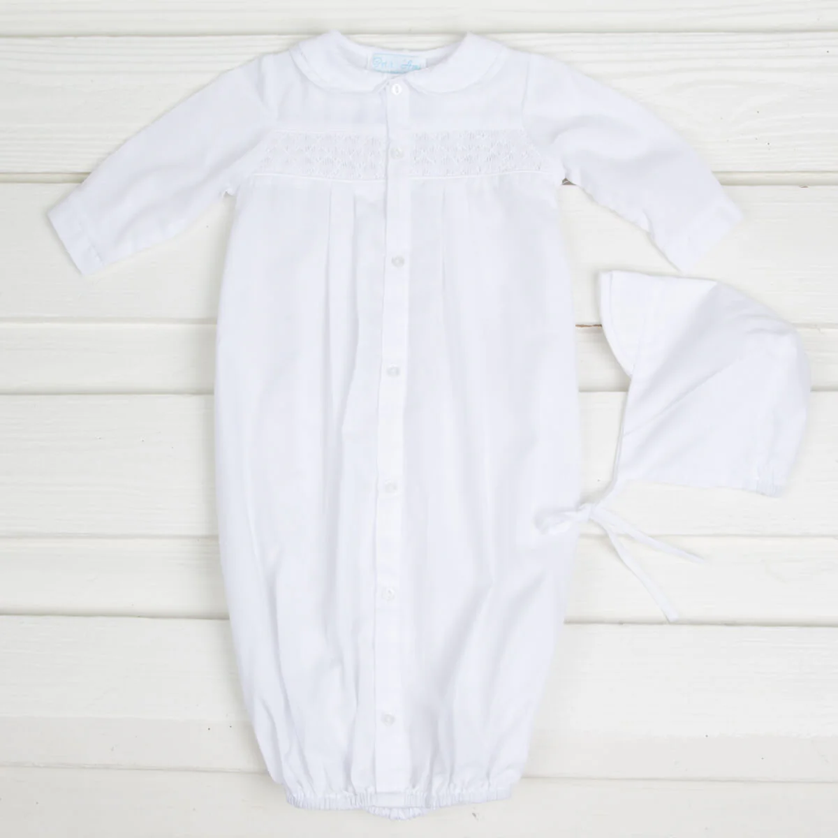 Geometric Smocked Long Sleeve Gown and Bonnet Set - Image 4
