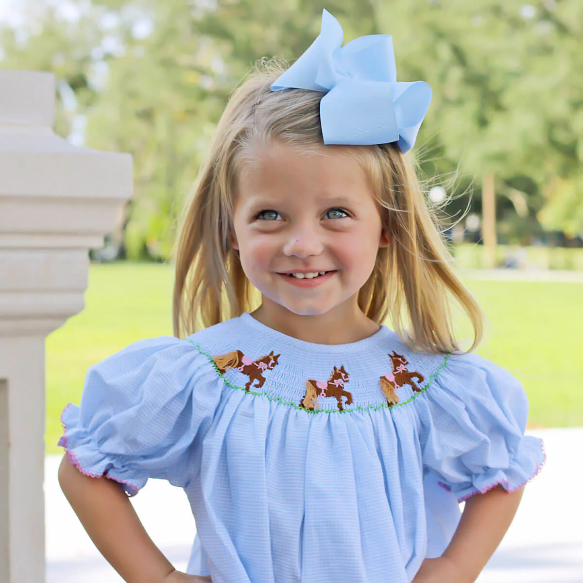 Horse Smocked Light Blue Dress - Image 2