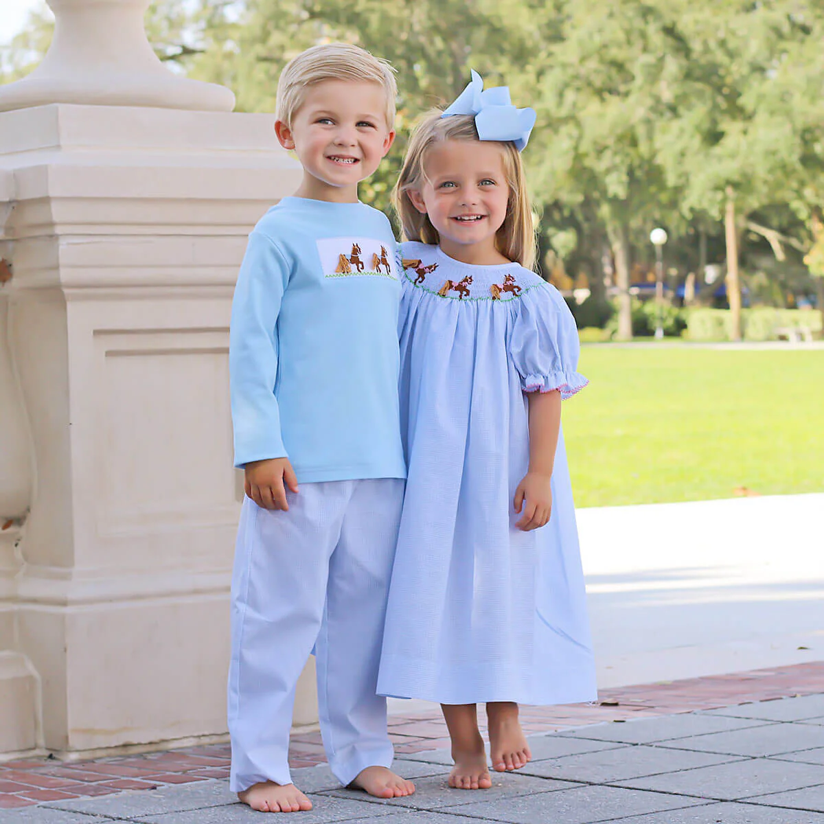 Horse Smocked Light Blue Dress - Image 5