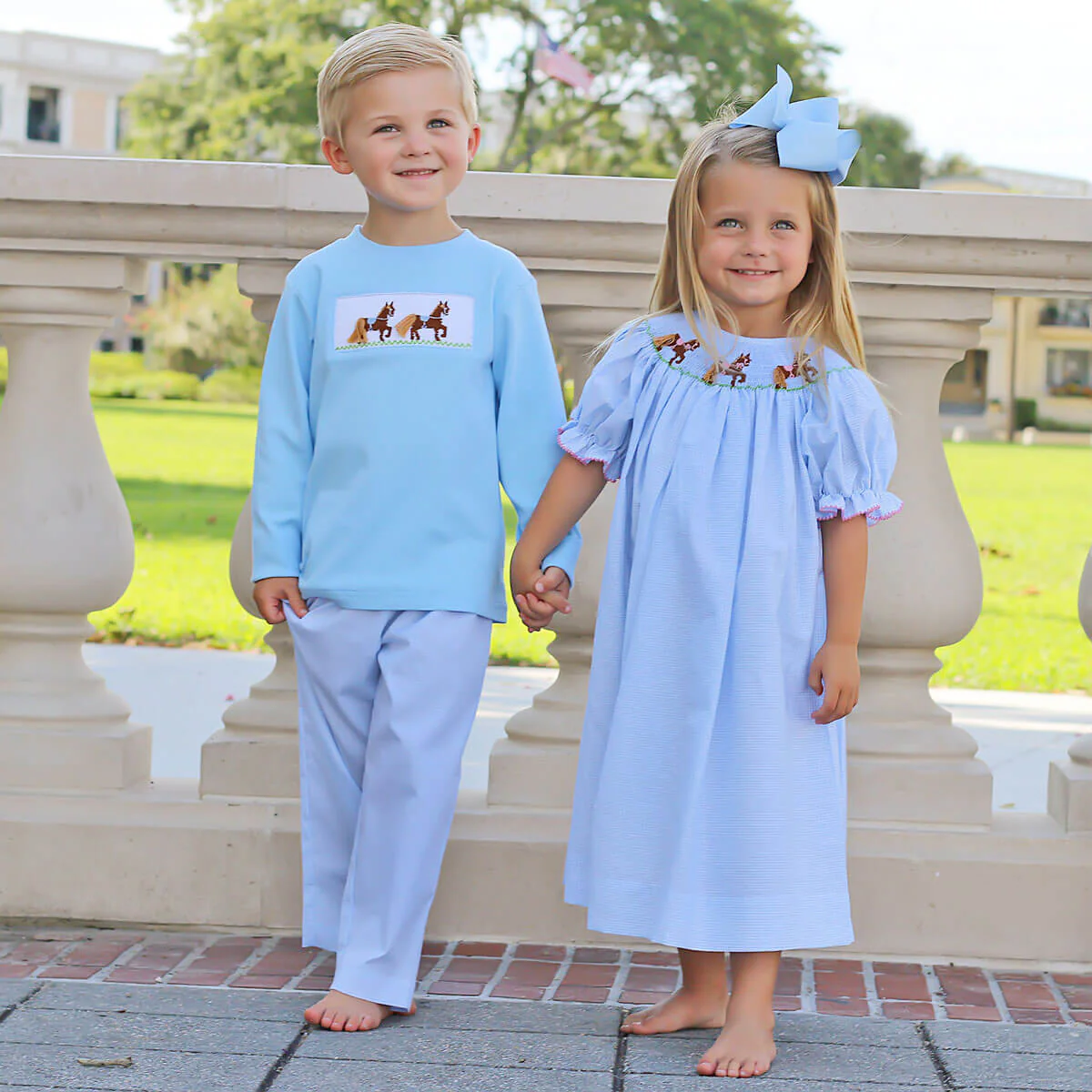 Horse Smocked Light Blue Dress - Image 6