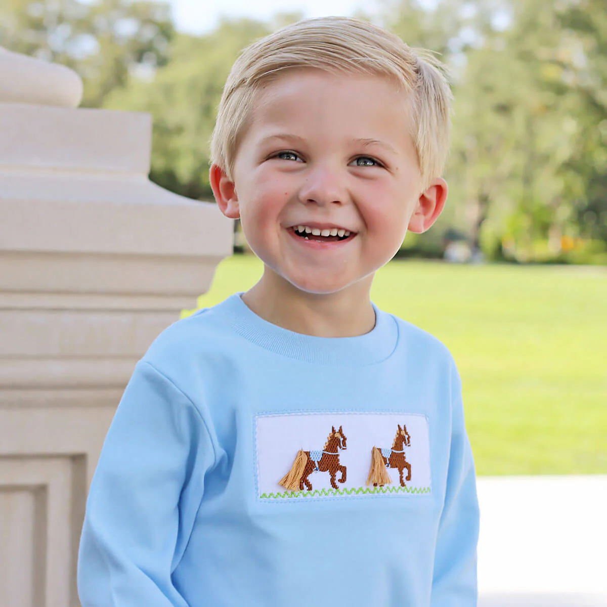 Horse Smocked Light Blue Pant Set - Image 2