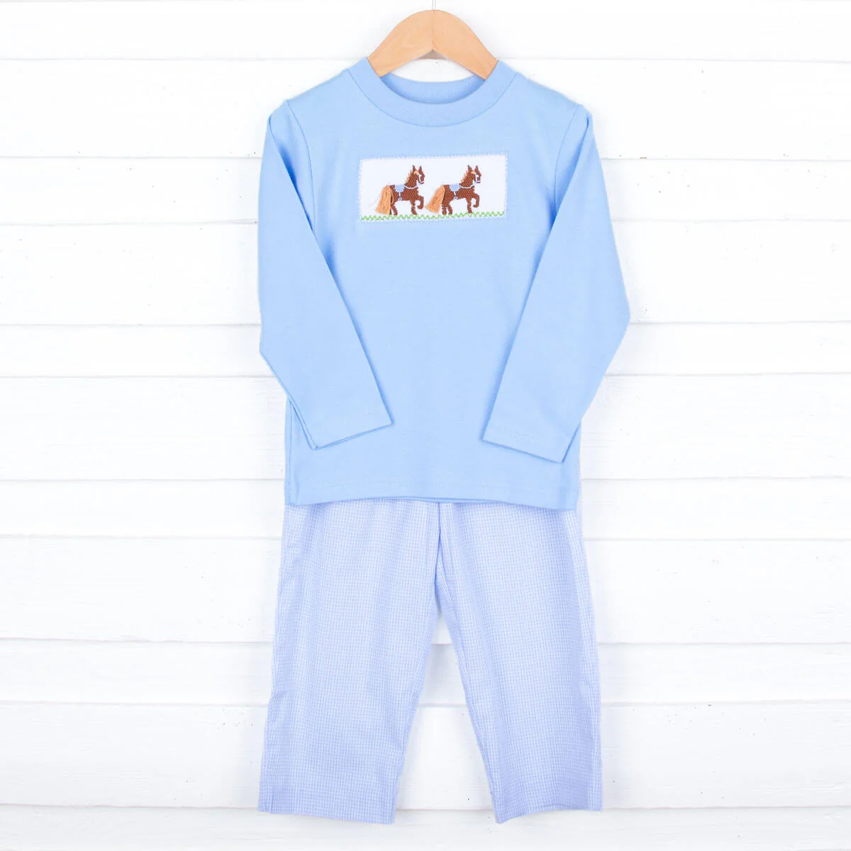 Horse Smocked Light Blue Pant Set - Image 3