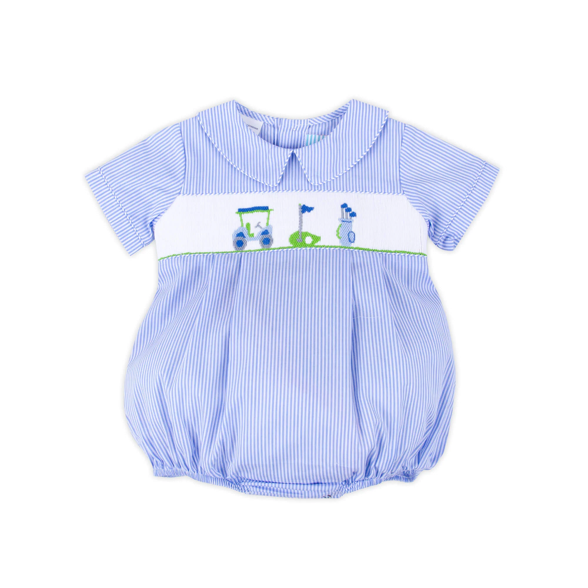 Golf Course Blue Stripe Smocked Collared Bubble - Image 2