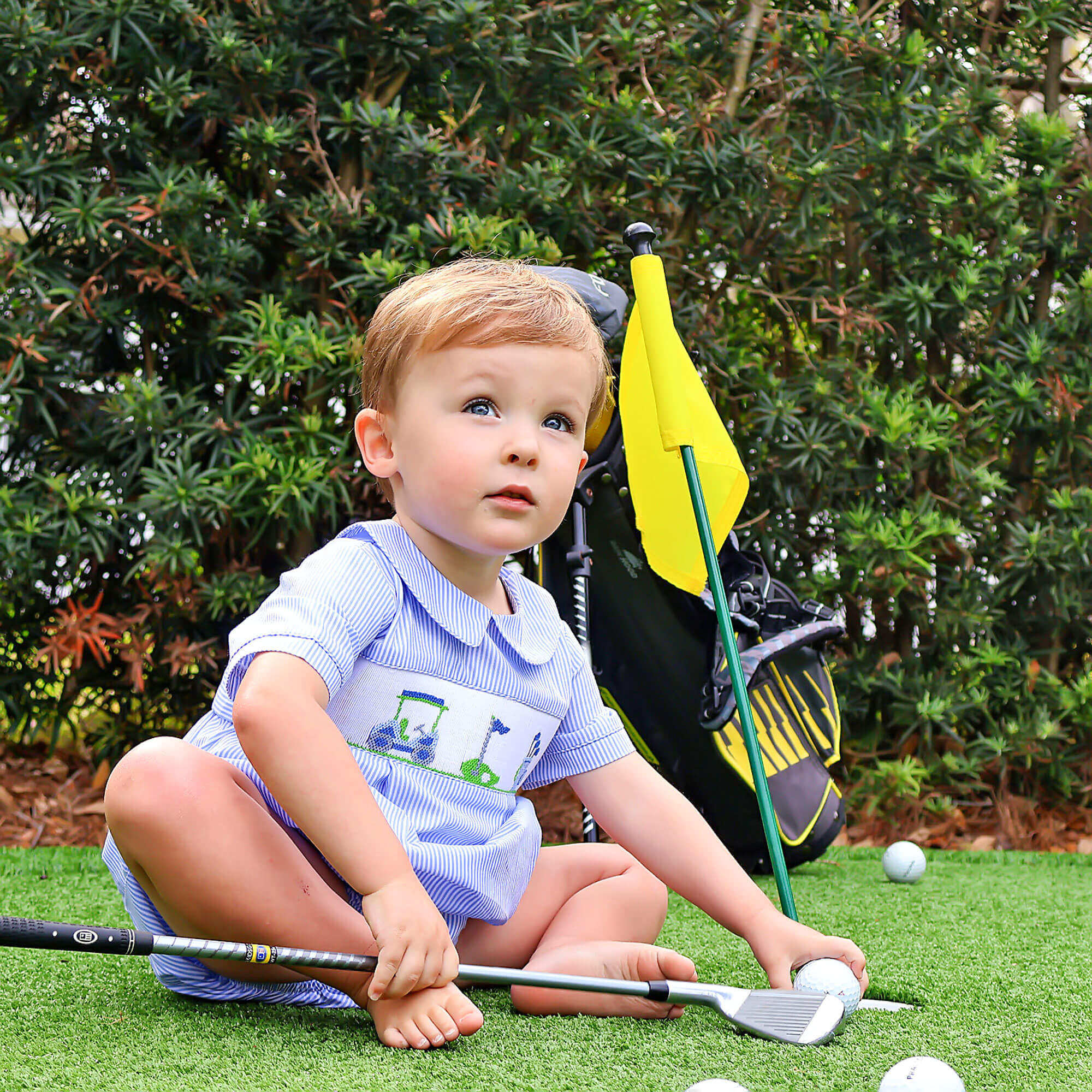 Golf Course Blue Stripe Smocked Collared Bubble - Image 3