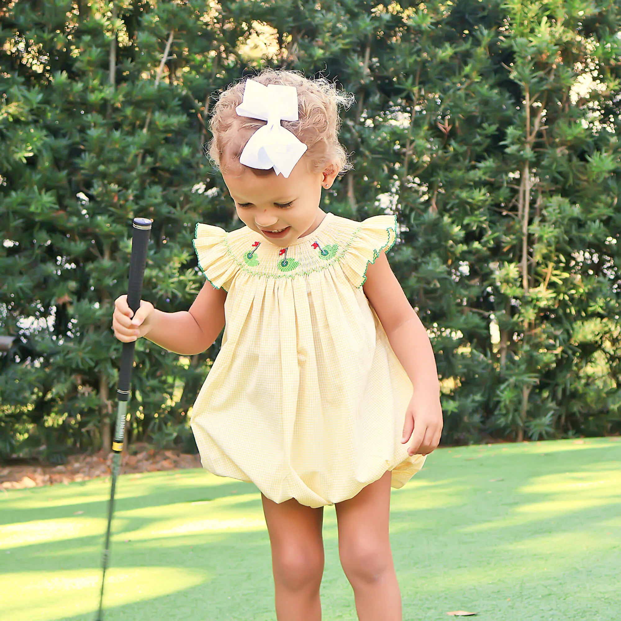 Golf Pin Yellow Gingham Smocked Bubble - Image 3
