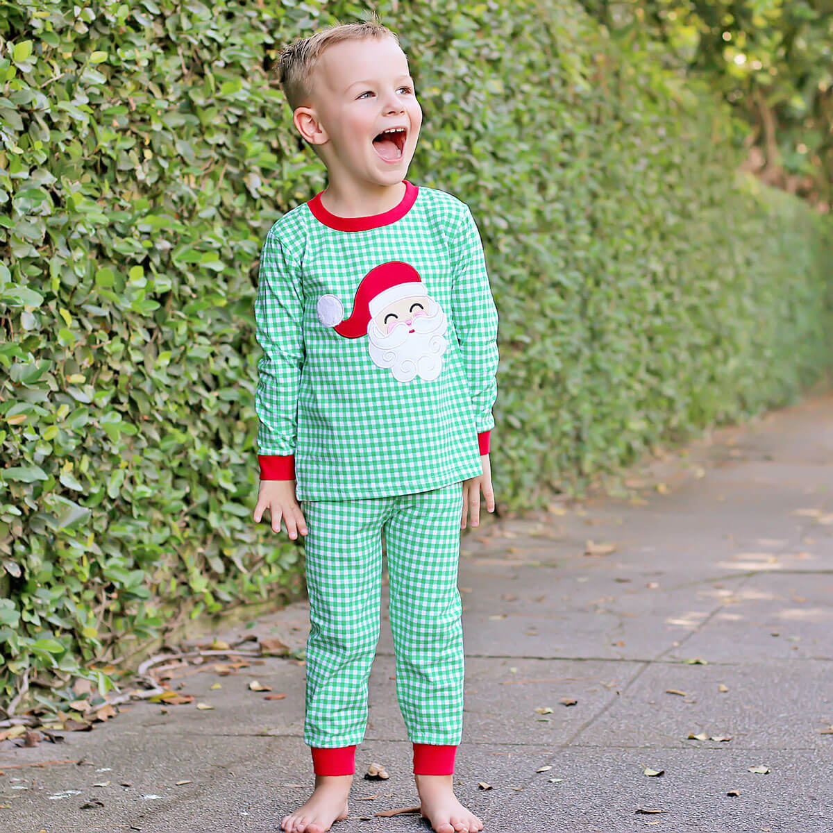 Happy Santa Green Gingham Pajamas - Image 9