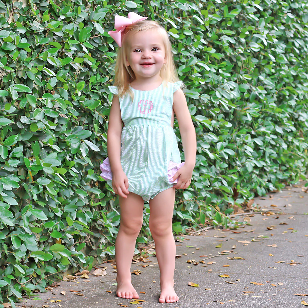 Green Stripe Seersucker Ruffle Bubble - Image 5