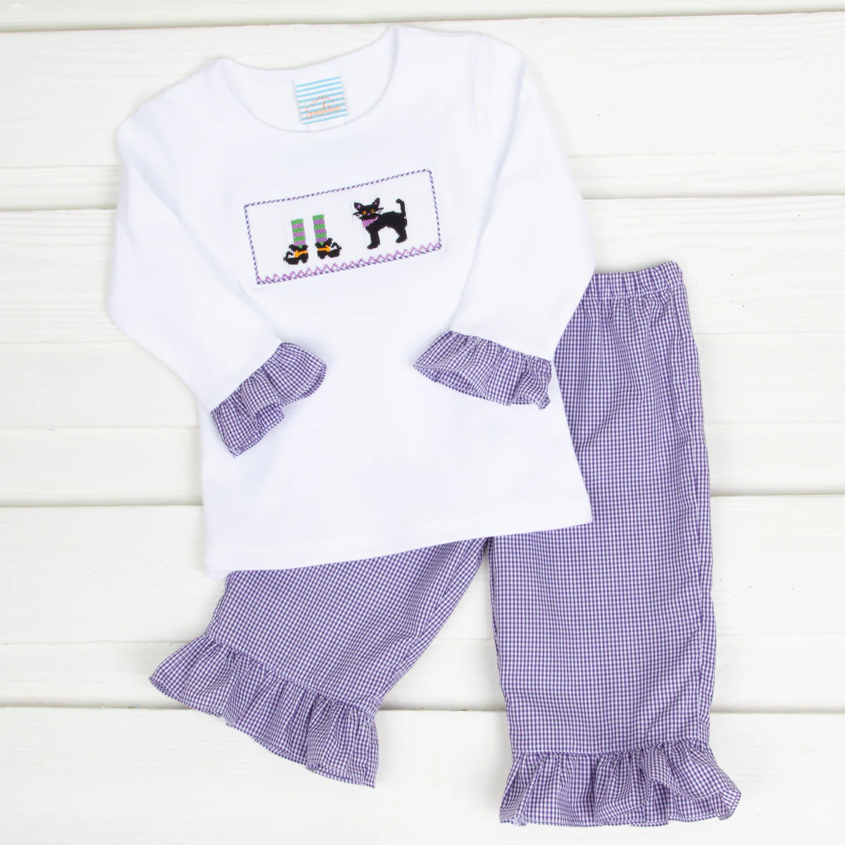 Halloween Smocked Girls Pant Set Lavender Gingham