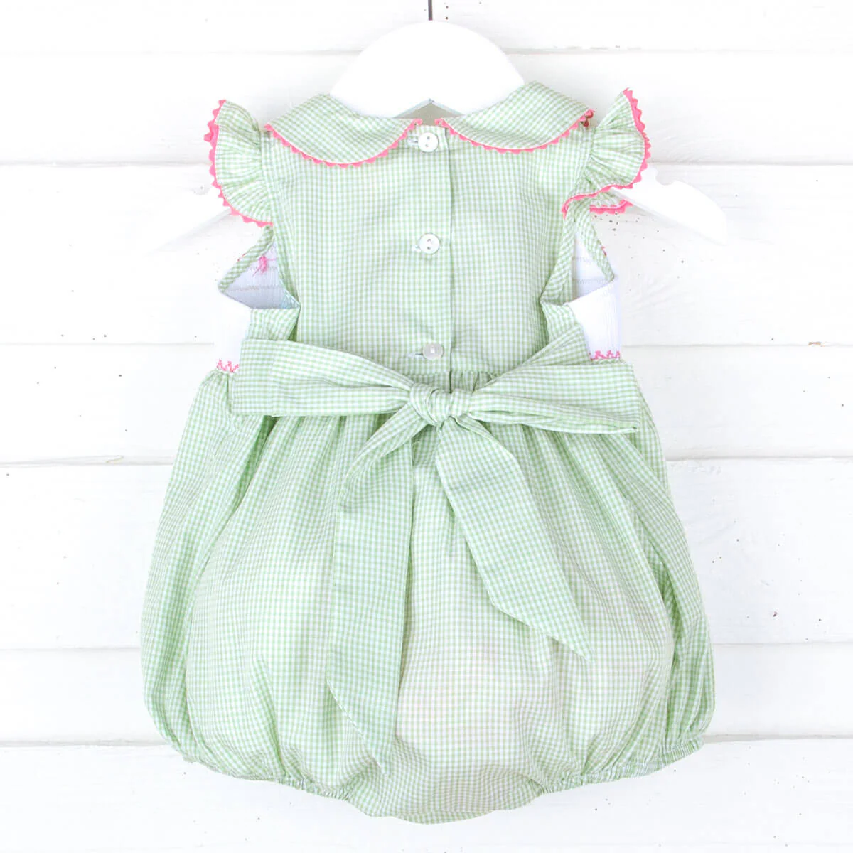 Happy Bunny Light Green Gingham Smocked Collared Bubble - Image 2