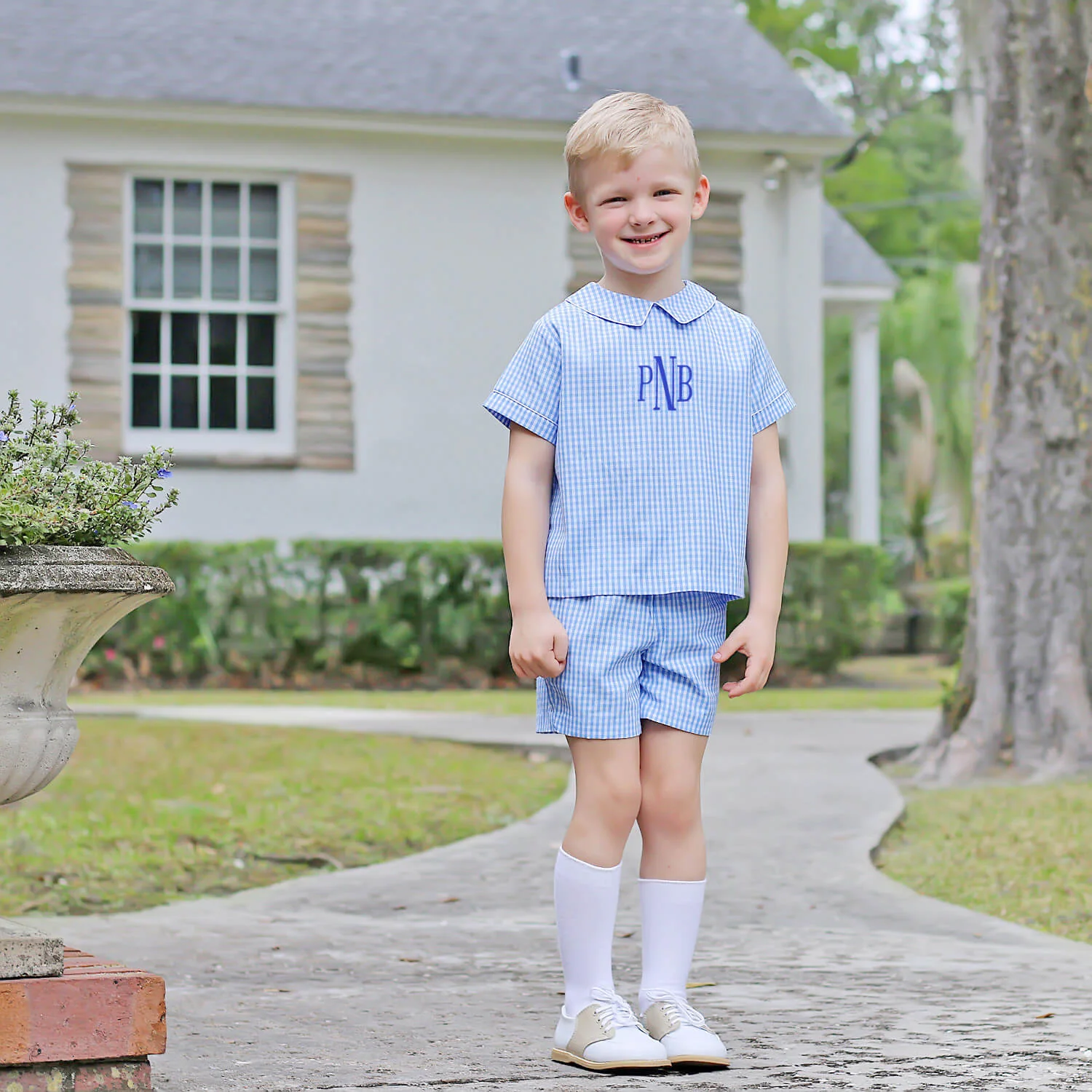 Blue Gingham Collared Short Set - Image 2