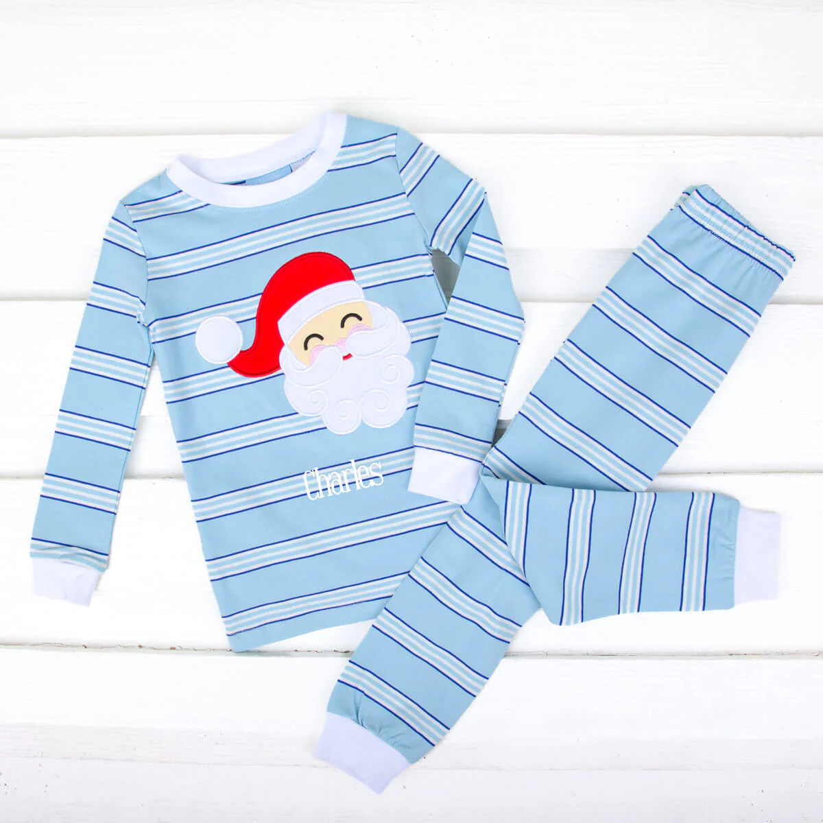 Happy Santa Blue & Royal Stripe Pajamas - Image 2