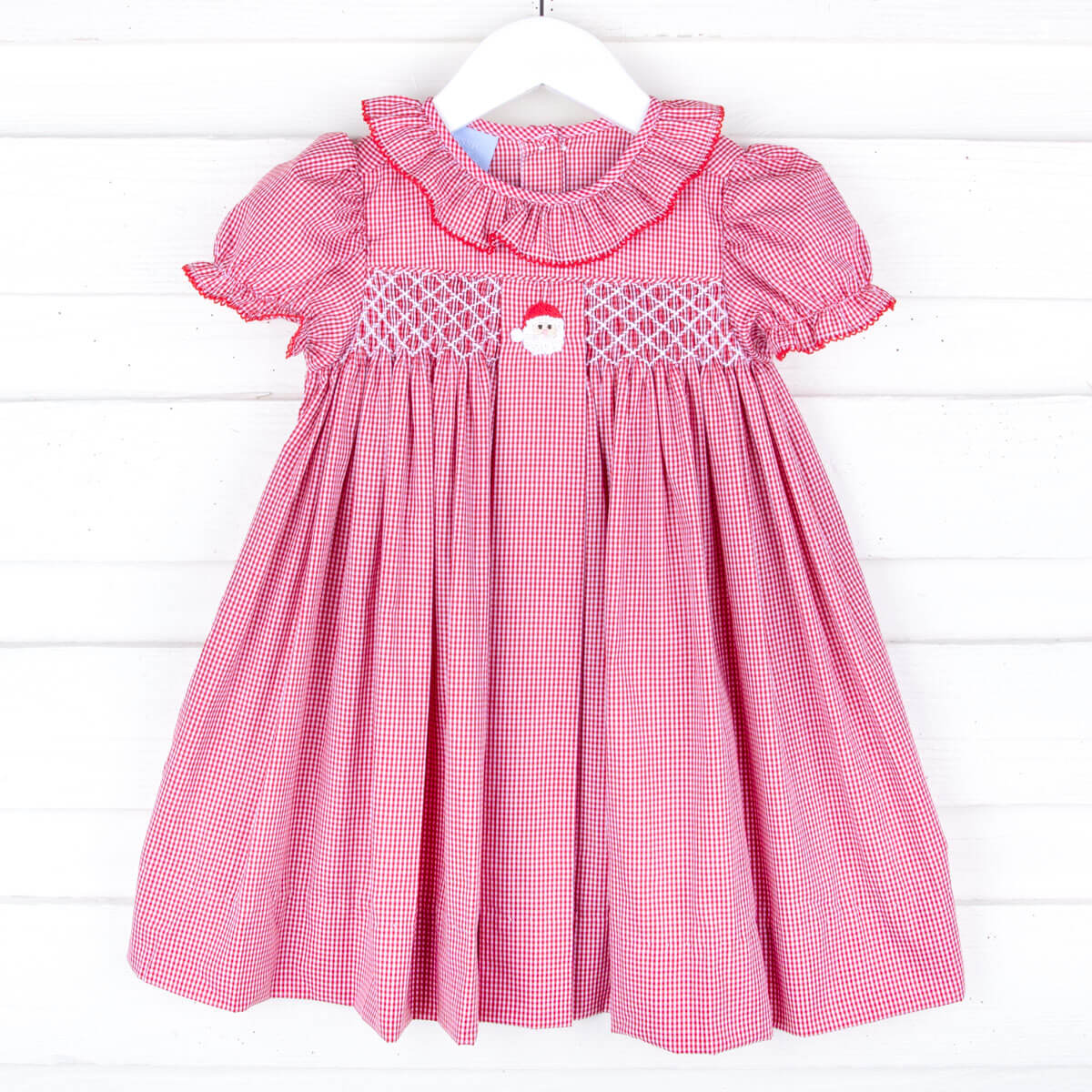 Santa's Favorite French Knot and Smocked Red Gingham Dress - Image 2