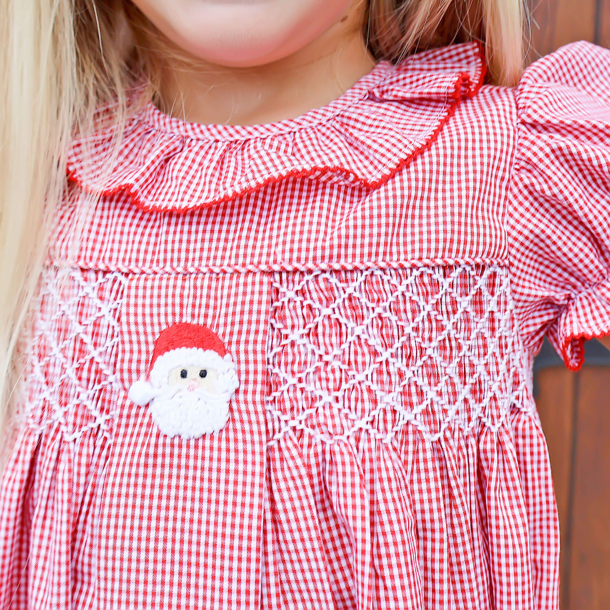 Santa's Favorite French Knot and Smocked Red Gingham Dress - Image 3