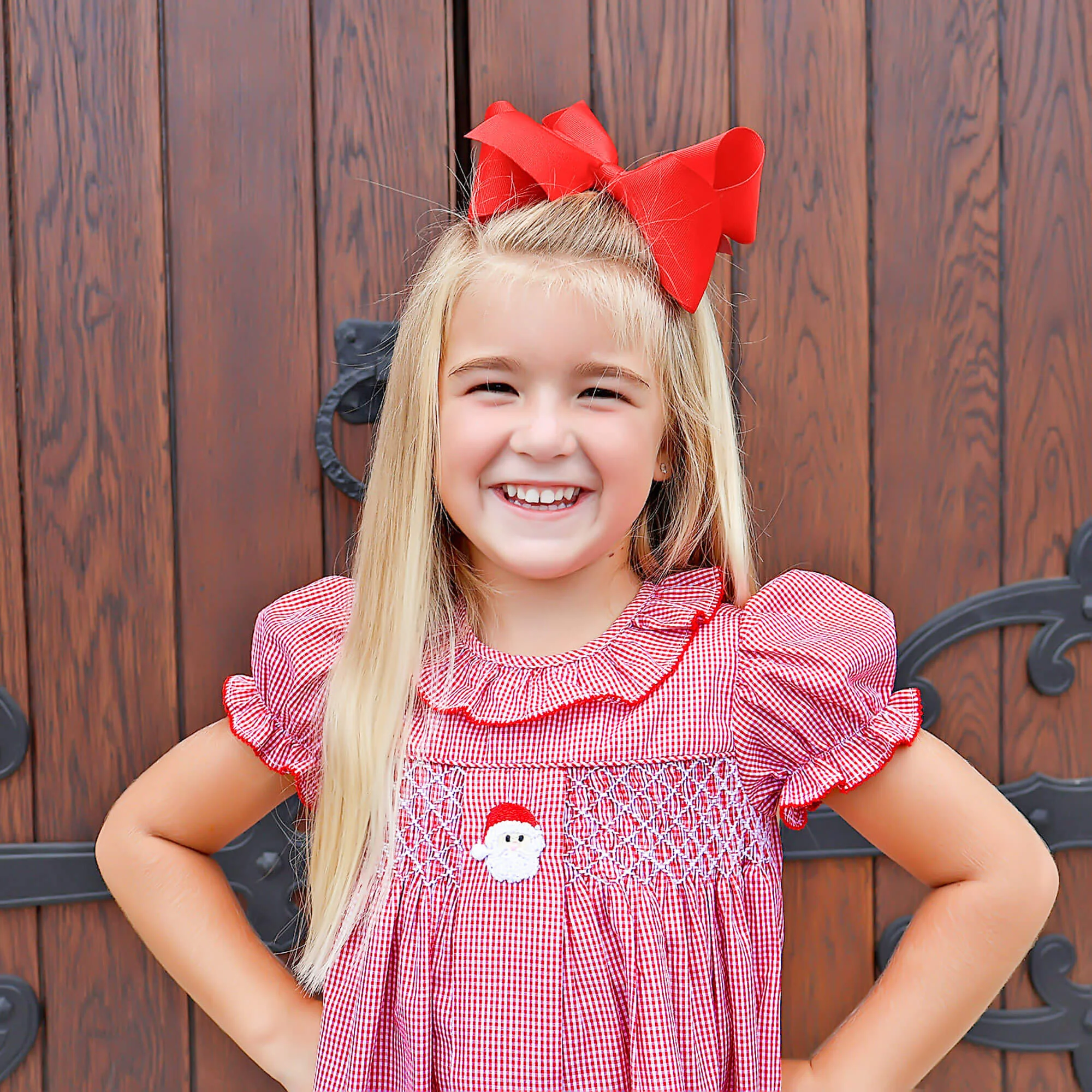 Santa's Favorite French Knot and Smocked Red Gingham Dress - Image 4