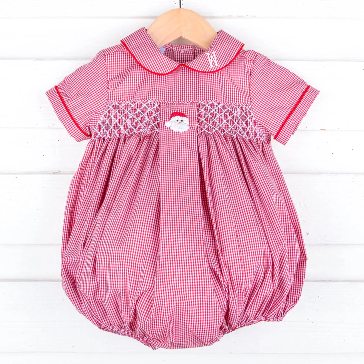 Santa's Favorite French Knot and Smocked Red Gingham Collared Bubble - Image 2