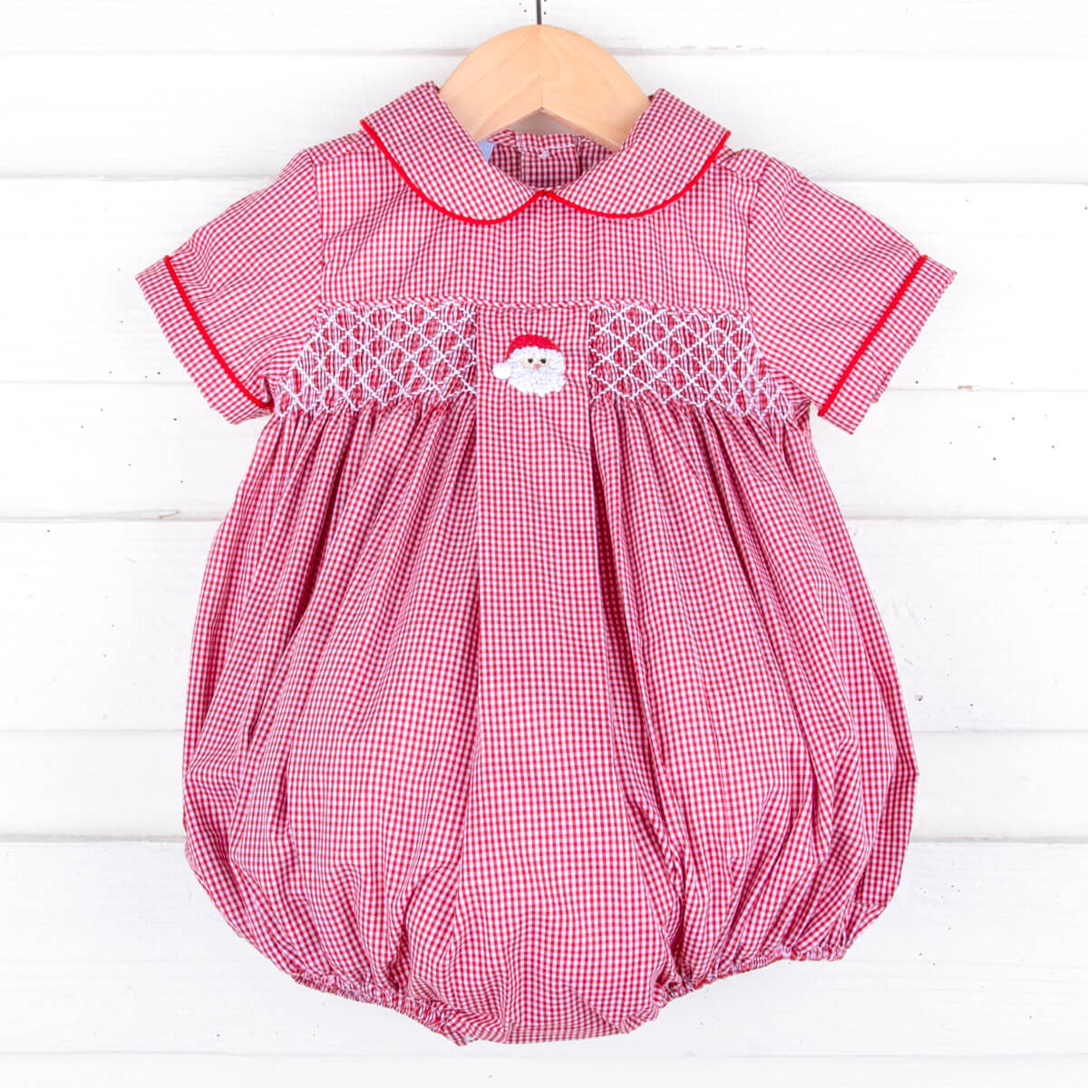 Santa's Favorite French Knot and Smocked Red Gingham Collared Bubble - Image 4