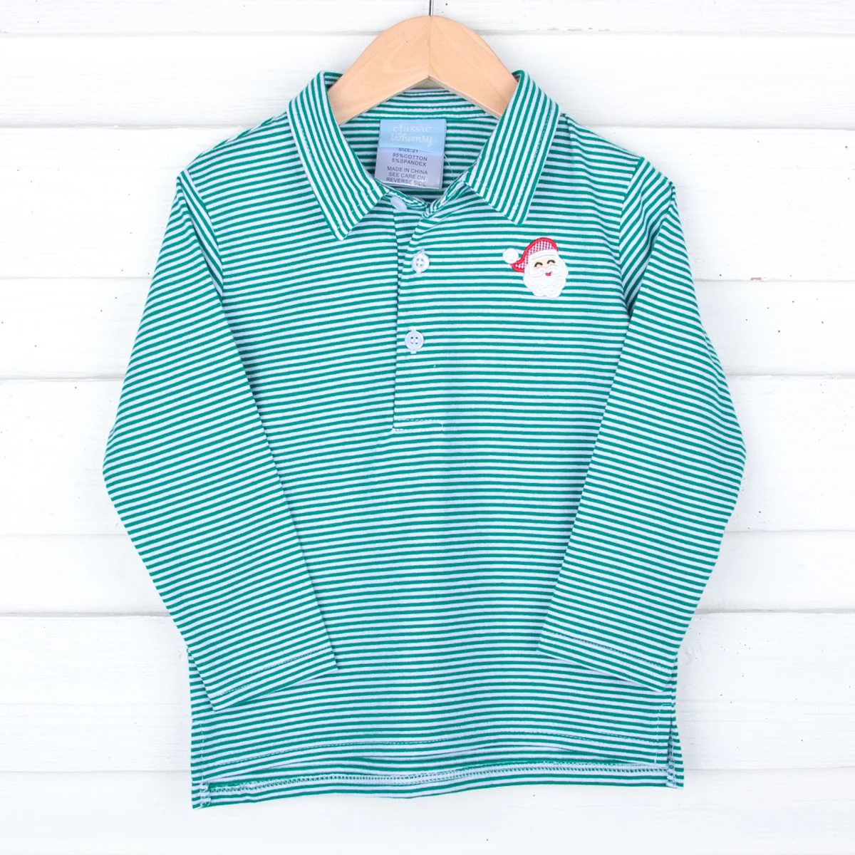 Happy Santa Green Stripe Long Sleeve Polo - Image 2