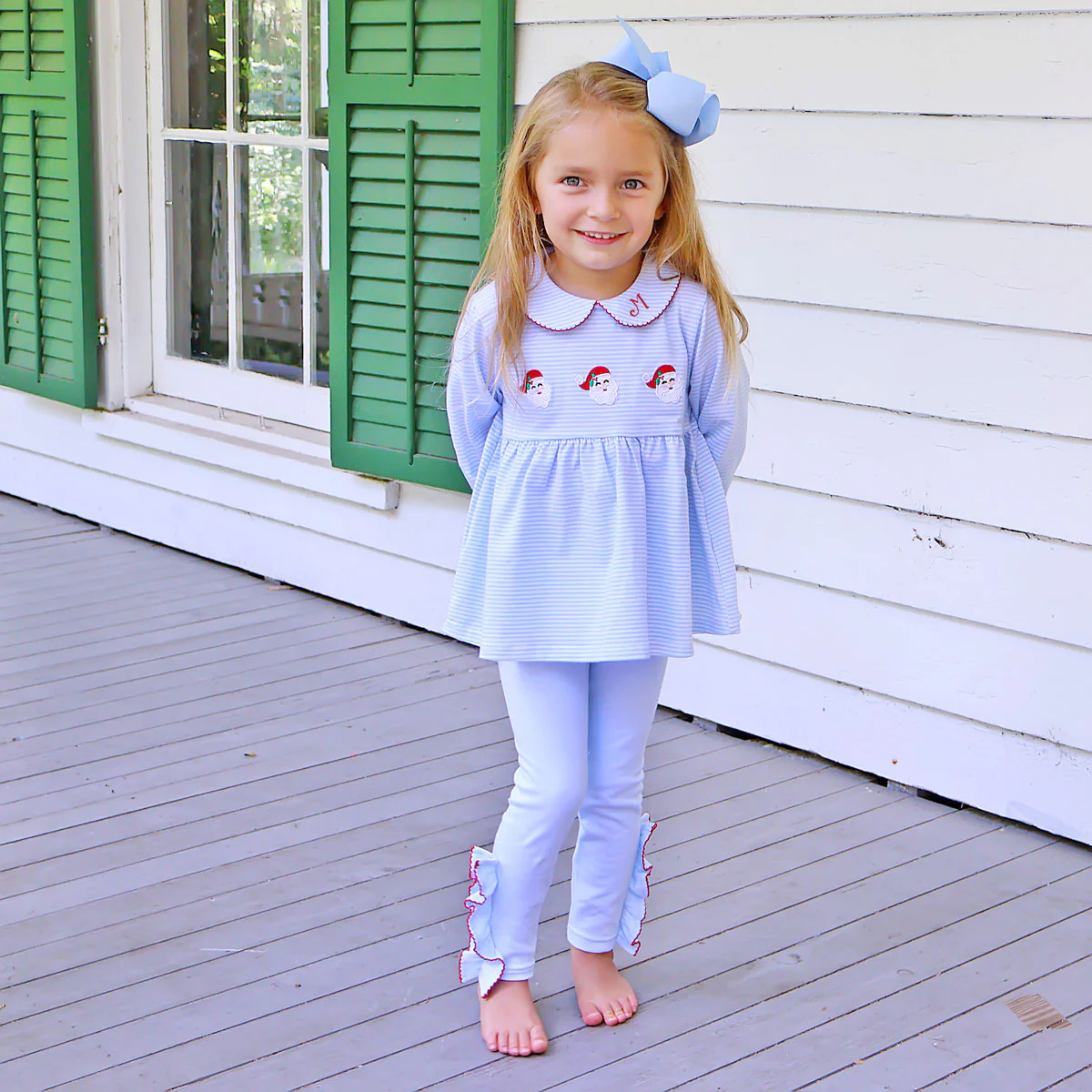 Happy Santa Light Blue Stripe Riley Legging Set - Image 6