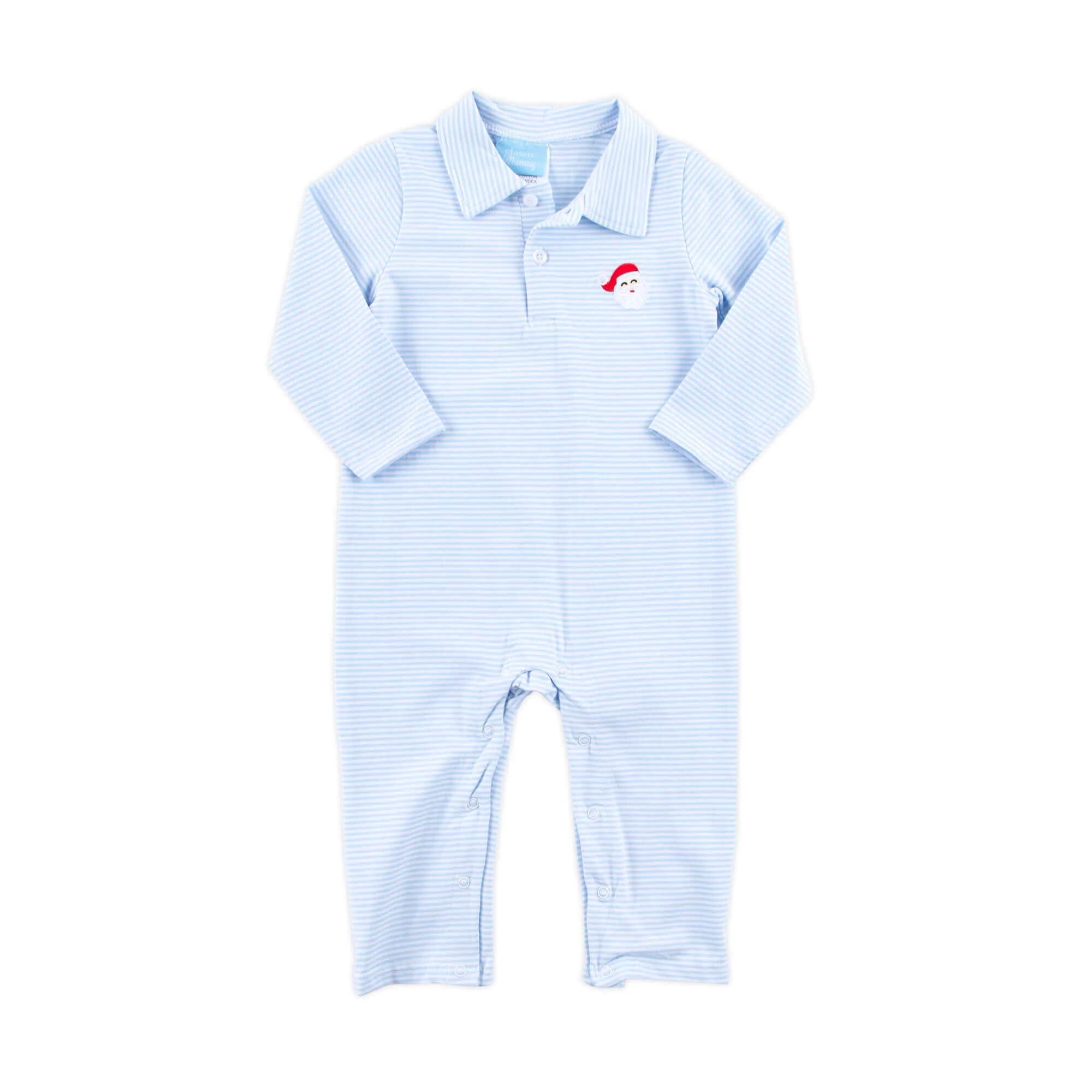 Happy Santa Light Blue Stripe Polo Romper - Image 2
