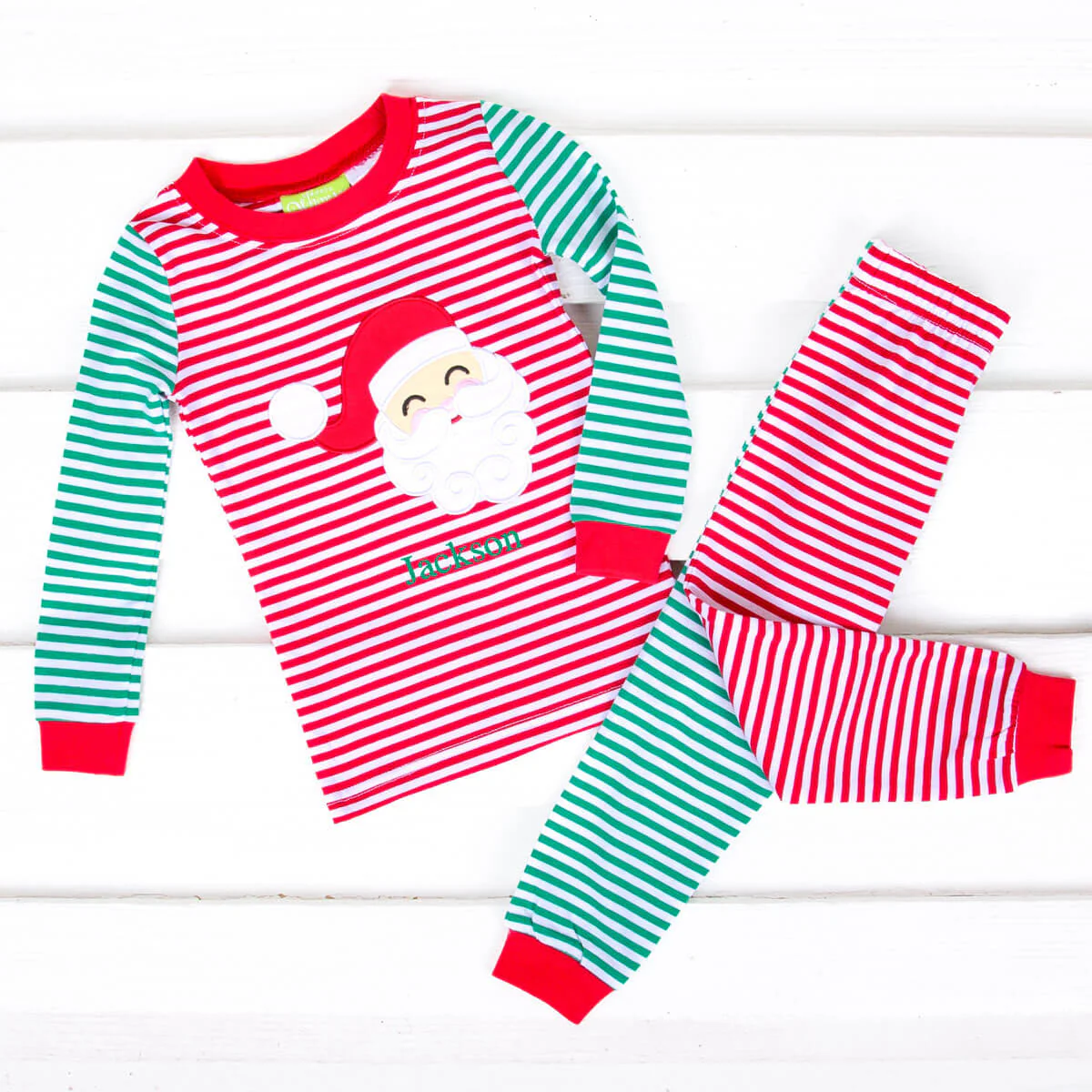 Happy Santa Red & Green Stripe Pajamas - Image 2