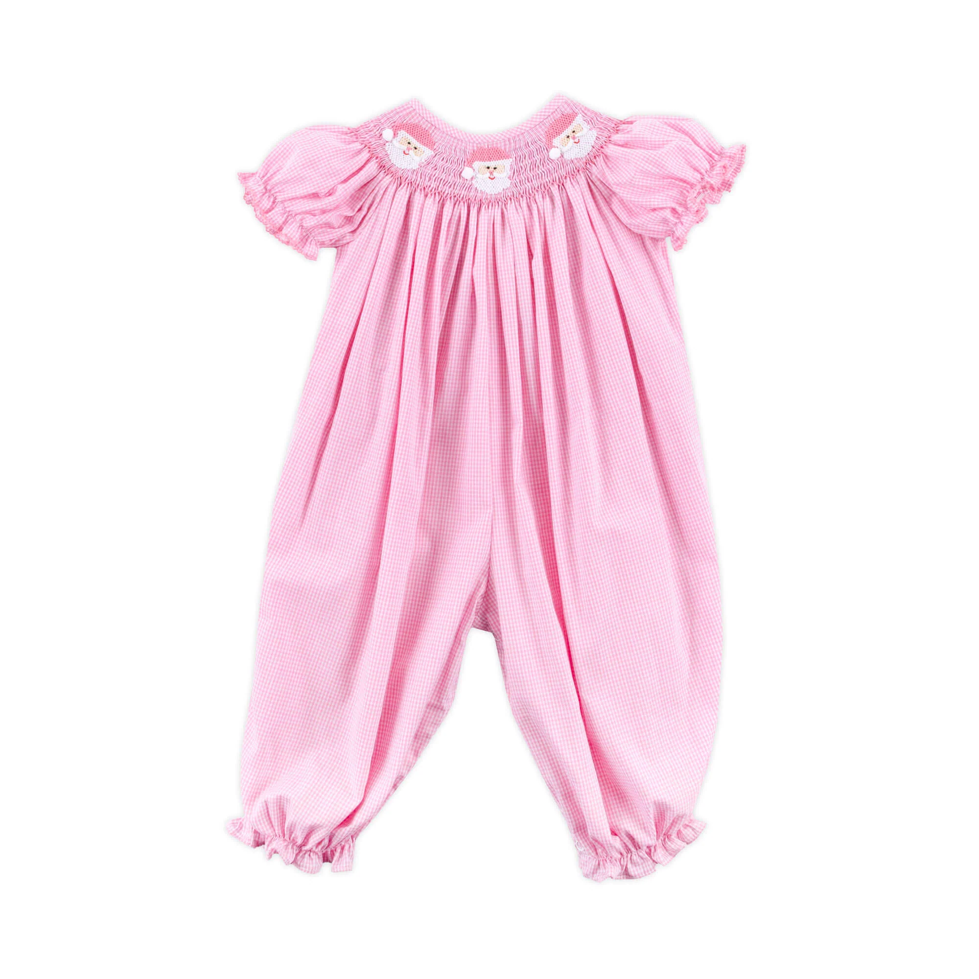 Happy Santa Smocked Pink Gingham Long Bubble - Image 2