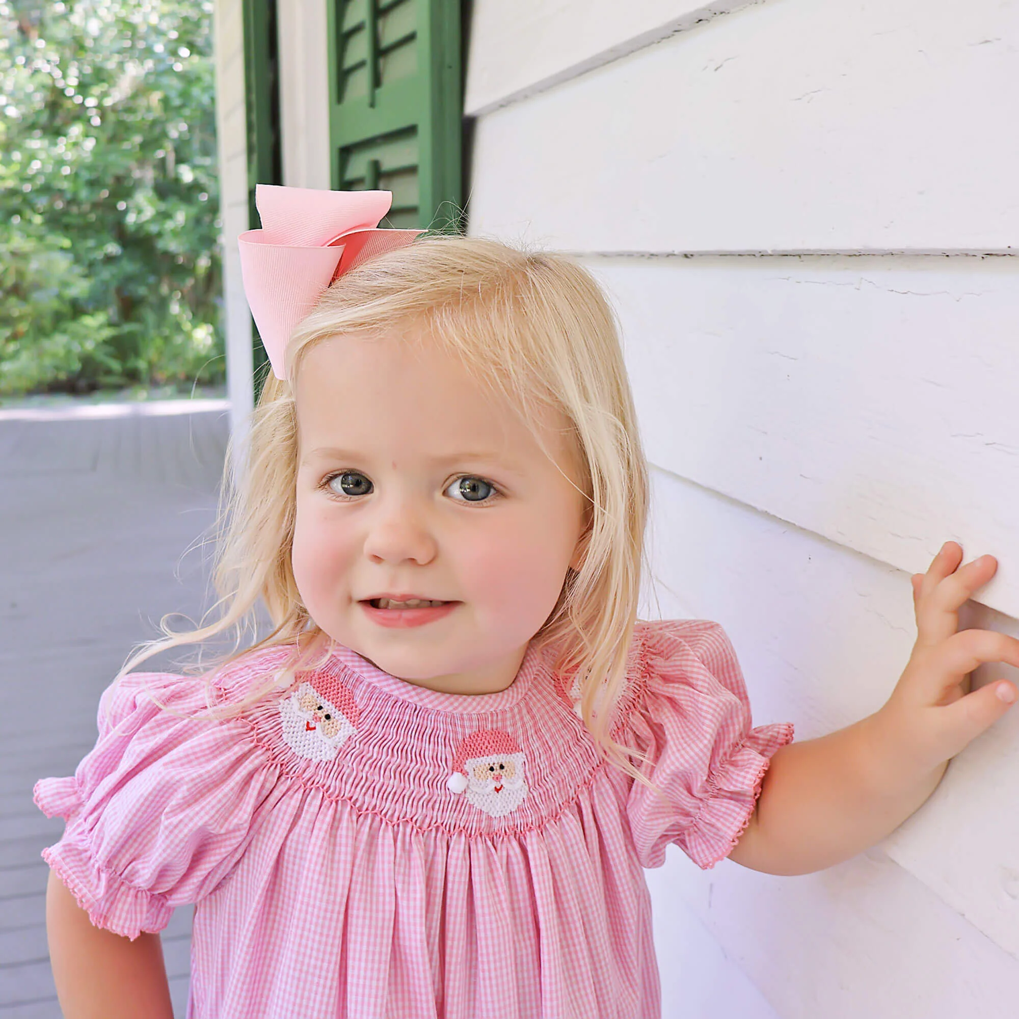 Happy Santa Smocked Pink Gingham Long Bubble - Image 3