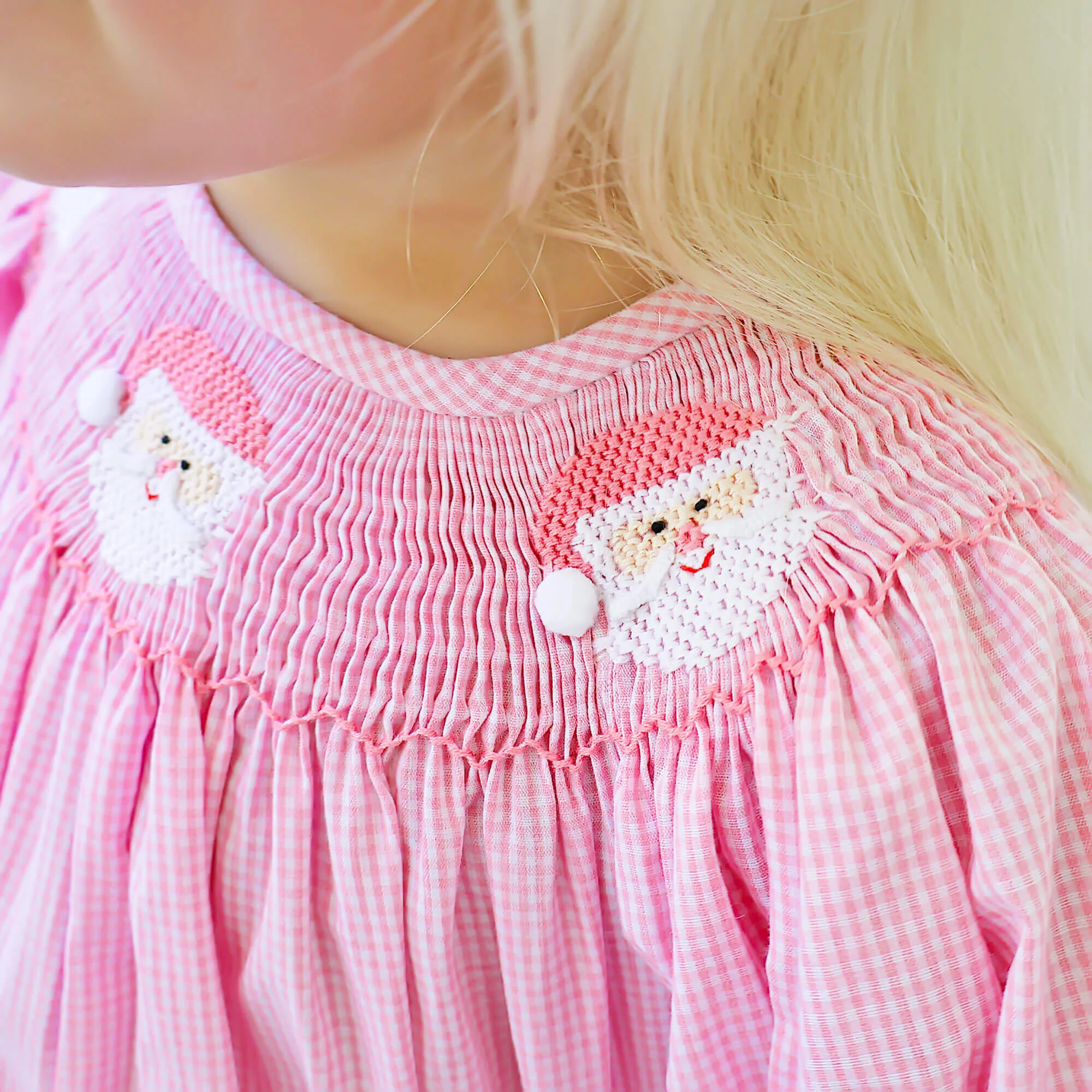 Happy Santa Smocked Pink Gingham Long Bubble - Image 4