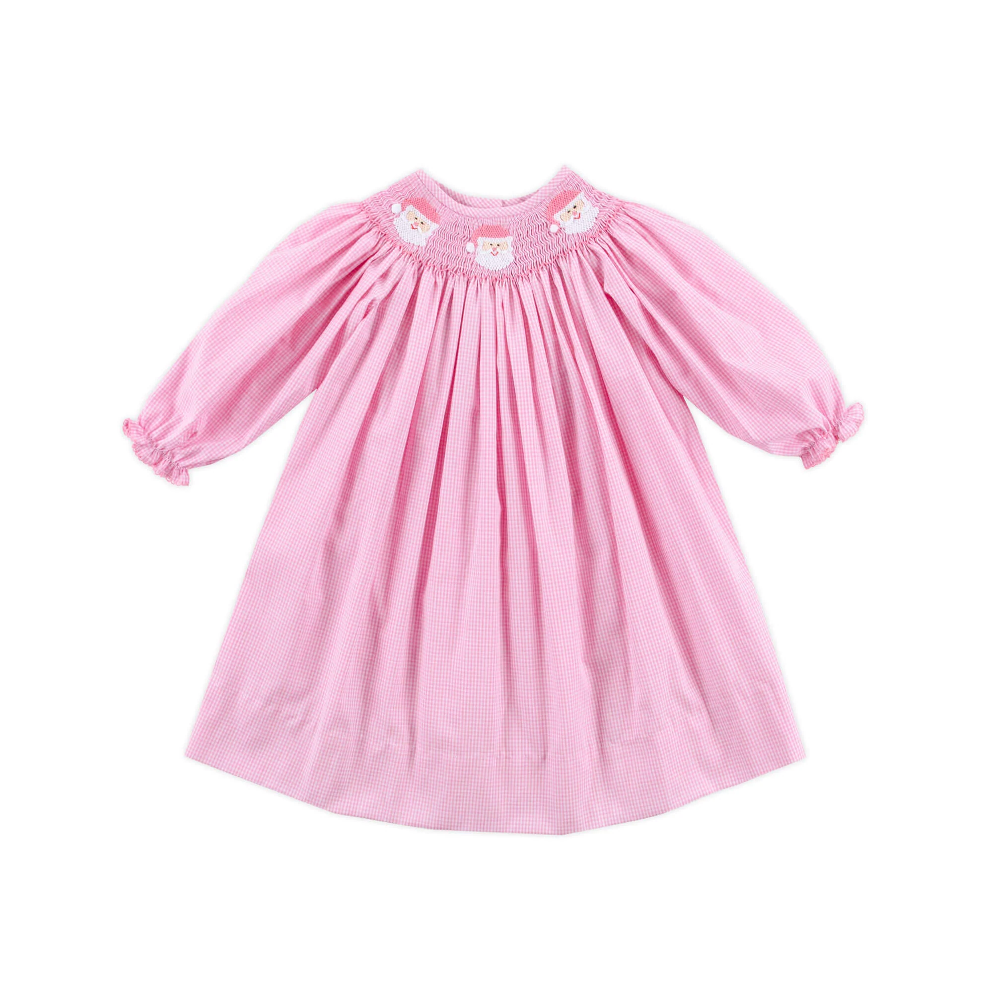 Happy Santa Smocked Pink Gingham Long Sleeve Bishop Dress - Image 2