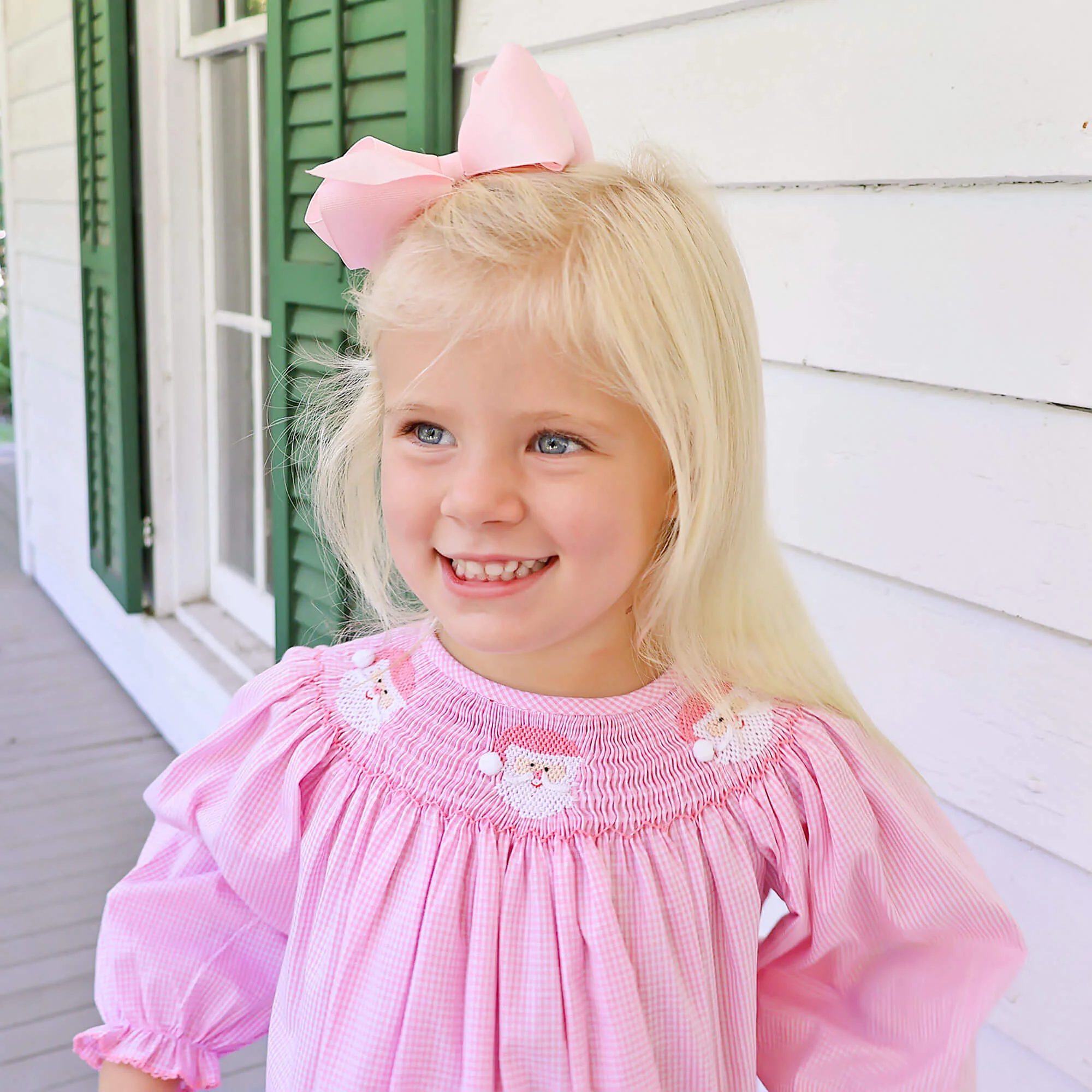 Happy Santa Smocked Pink Gingham Long Sleeve Bishop Dress - Image 4